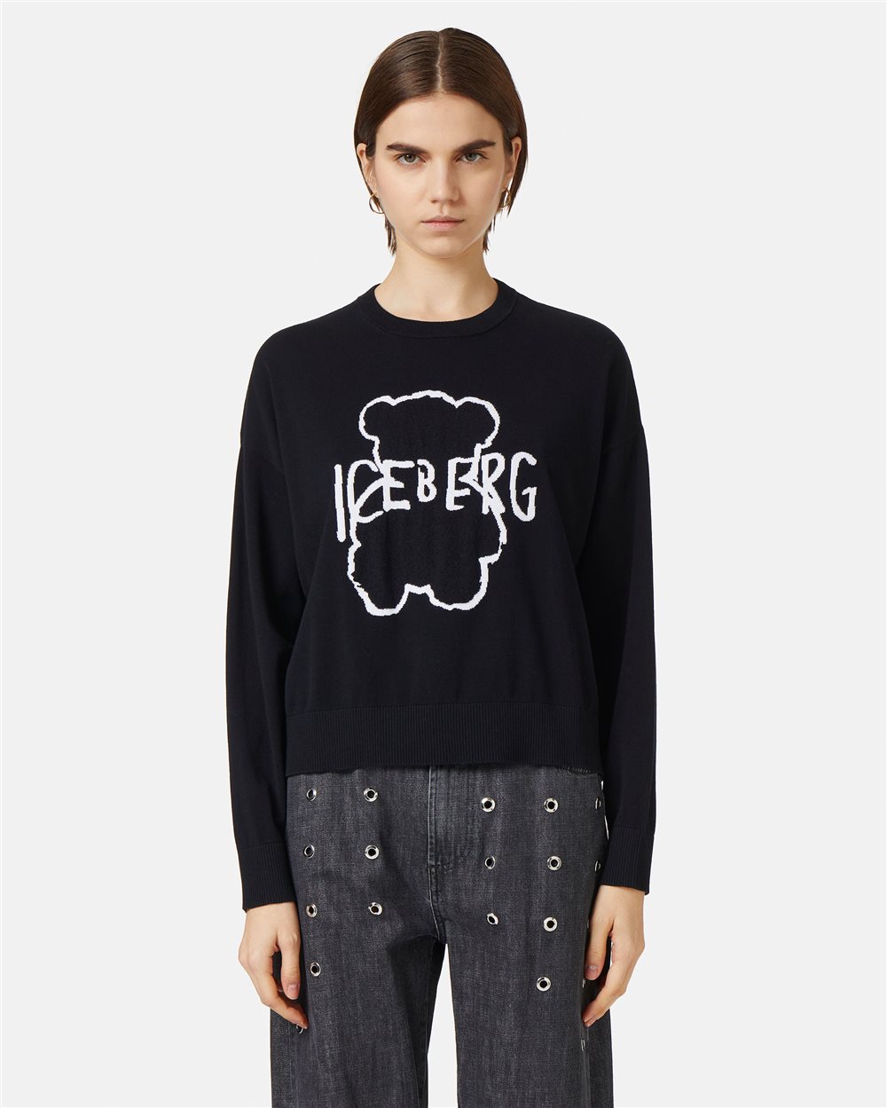 Black crew neck sweater in super thin cotton - Iceberg - Official Website