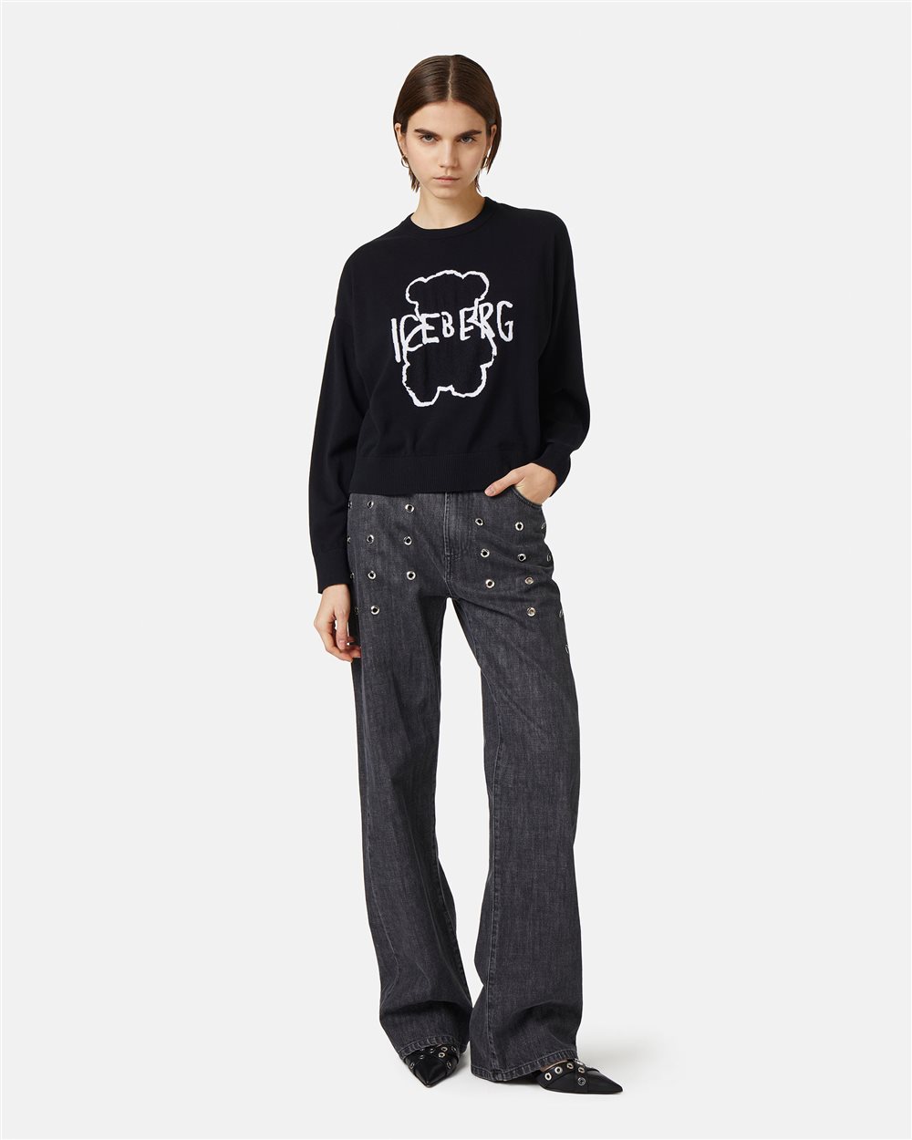 Black crew neck sweater in super thin cotton - Iceberg - Official Website