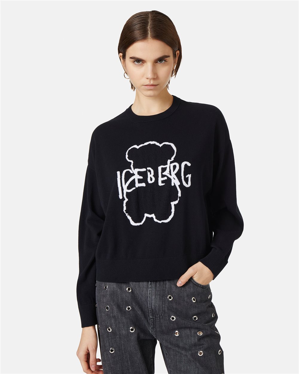 Black crew neck sweater in super thin cotton - Iceberg - Official Website