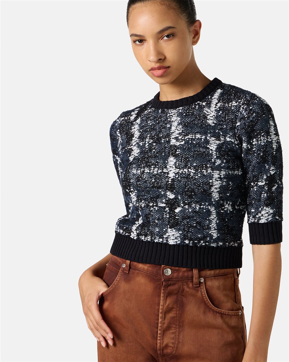 Small multicolor crew neck with half sleeves in cotton and linen blend with logo - Iceberg - Official Website