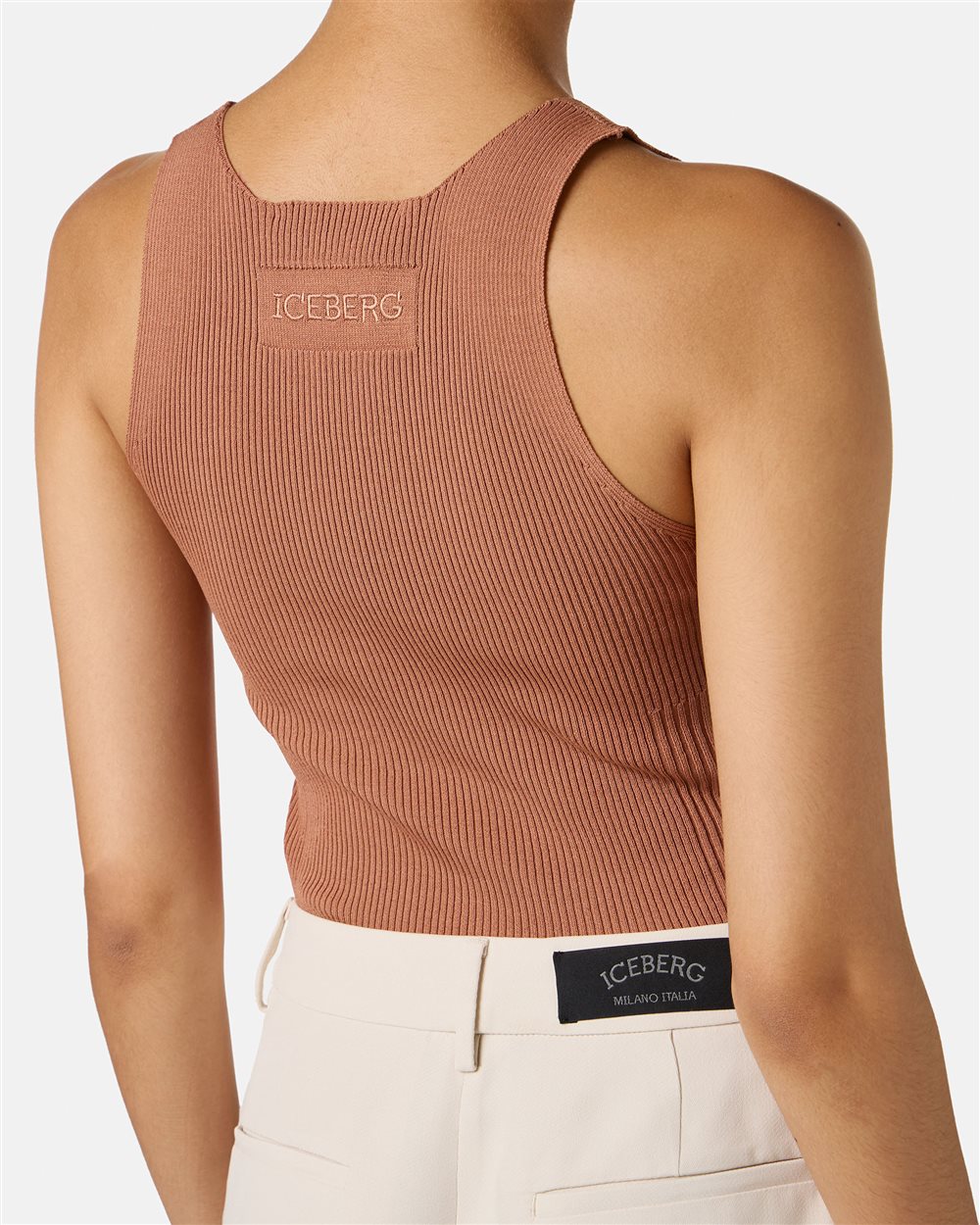 Coccio-colored tank top with dropped ribs in stretch viscose - Iceberg - Official Website