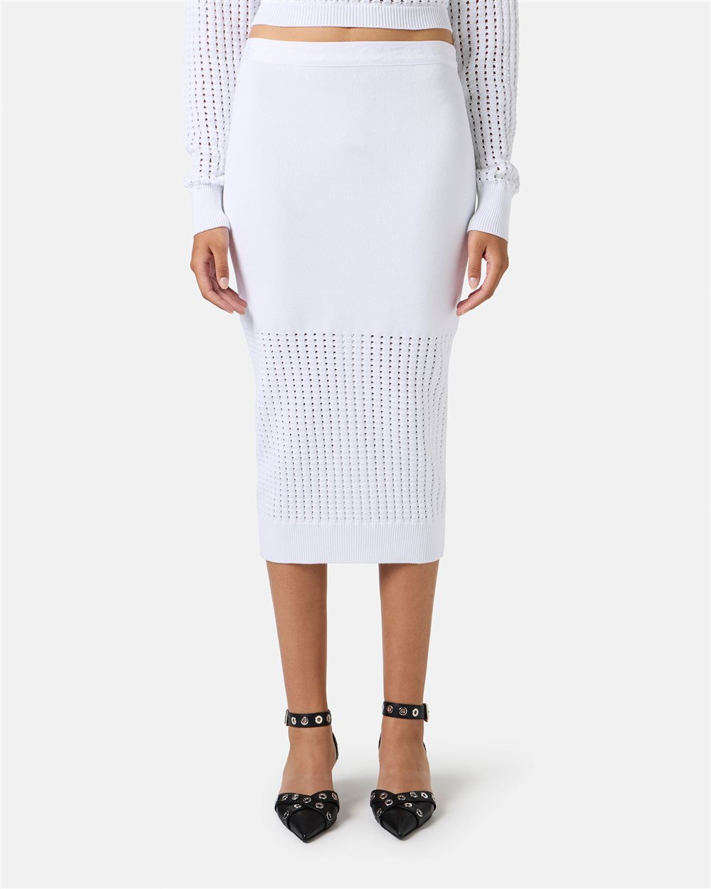 White skirt in stretch cotton with perforations - Iceberg - Official Website
