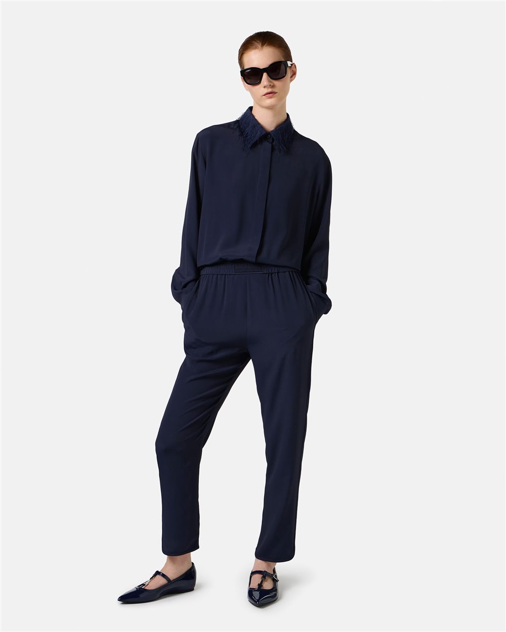 Dark blue jogging fit trousers in acetate and silk crepe de chine - Iceberg - Official Website