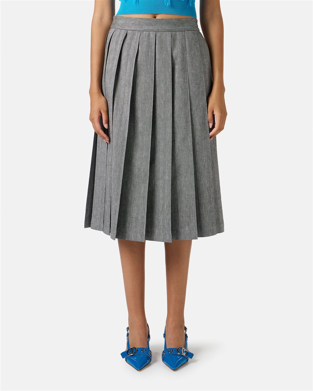 Cotton linen herringbone regular-waisted pleated skirt - Iceberg - Official Website