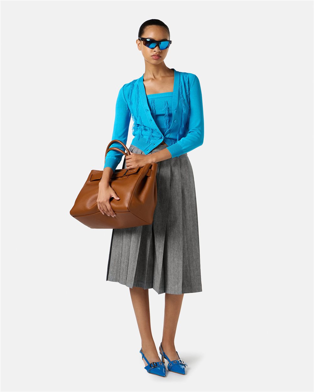 Cotton linen herringbone regular-waisted pleated skirt - Iceberg - Official Website