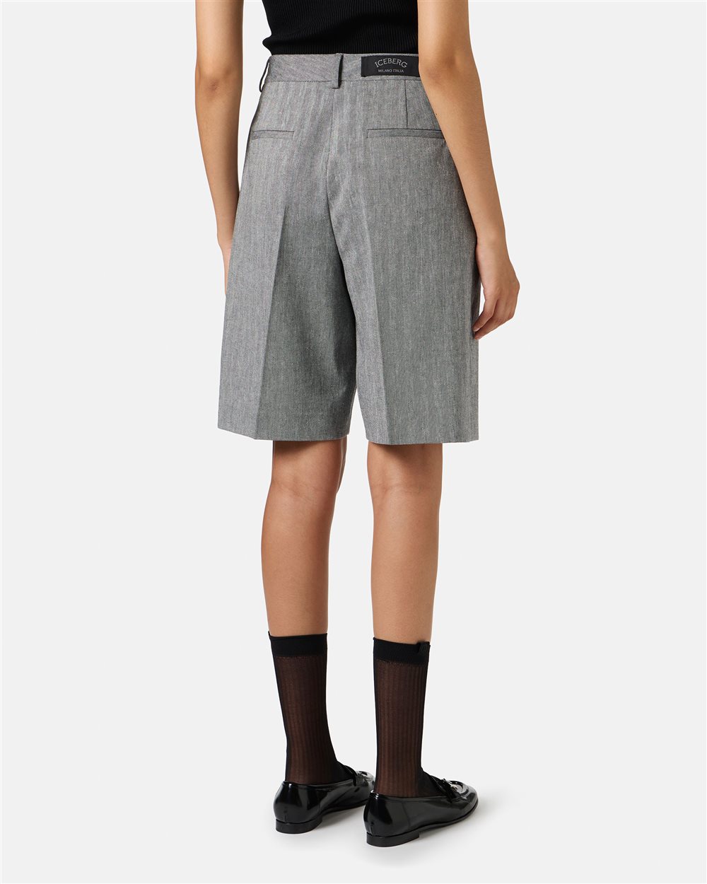 Regular fit Bermuda shorts in cotton and linen herringbone fabric - Iceberg - Official Website