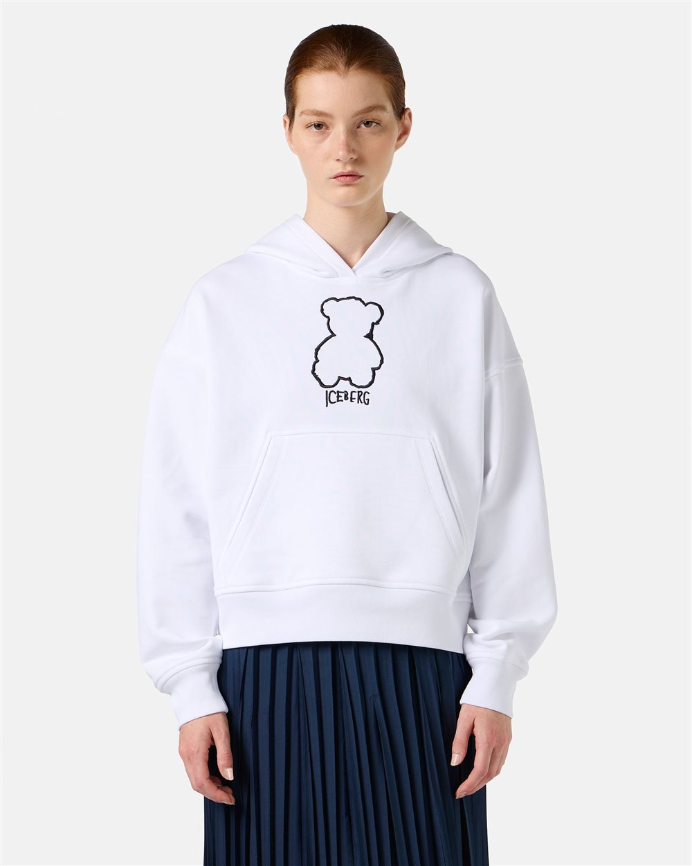 Cropped fit hoodie in white cotton - Iceberg - Official Website