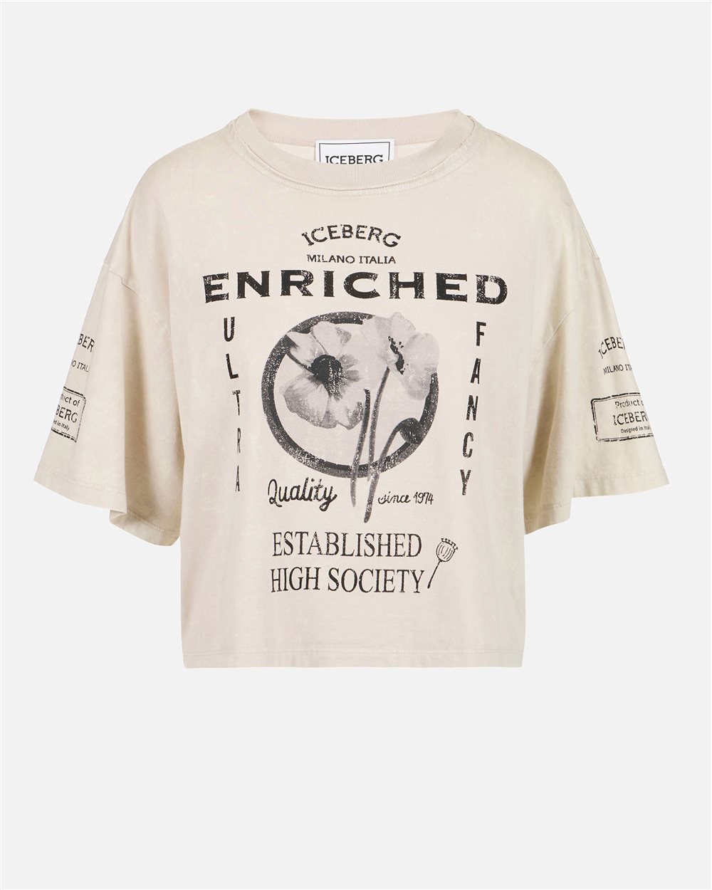 Cropped fit T-shirt with ecru and black pattern in garment-dyed jersey - Iceberg - Official Website
