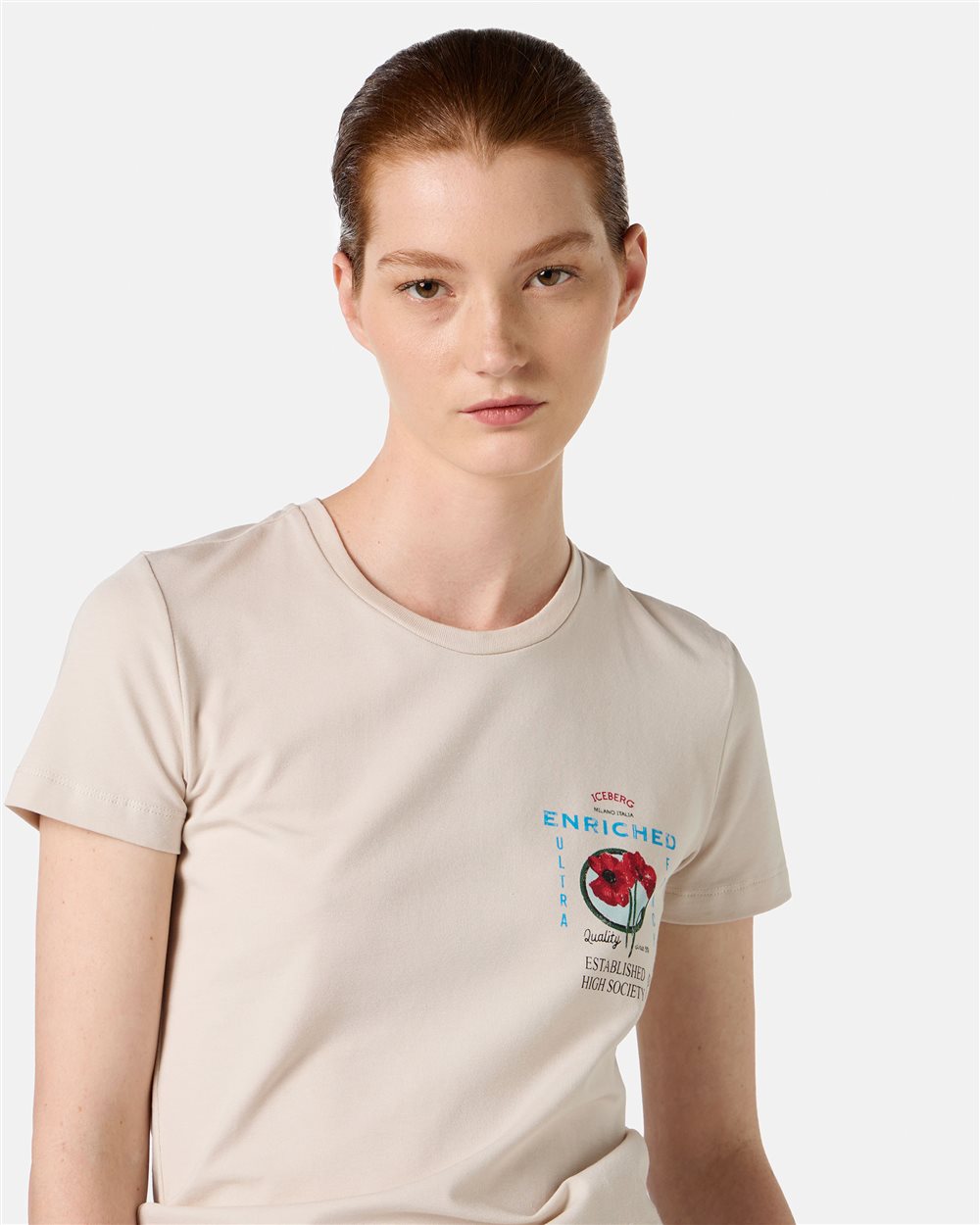 Patterned T-shirt with a beige background in sustainable cotton - Iceberg - Official Website