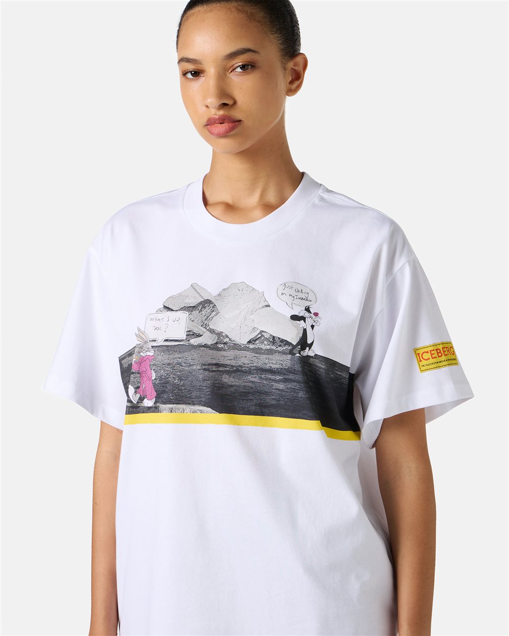 White regular-fit T-shirt in garment-dyed cotton jersey with cupro fabric inserts - Iceberg - Official Website
