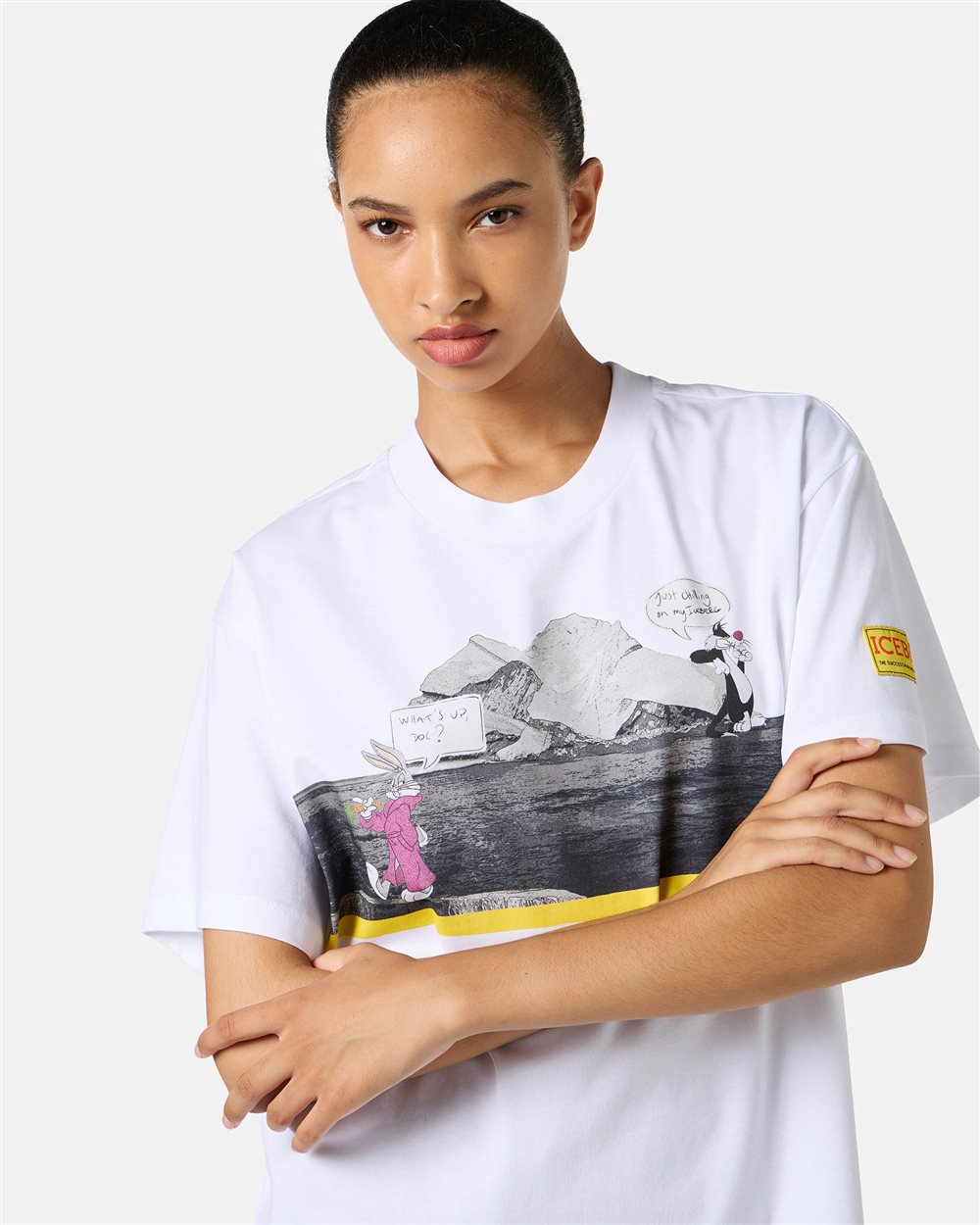 White regular-fit T-shirt in garment-dyed cotton jersey with cupro fabric inserts - Iceberg - Official Website