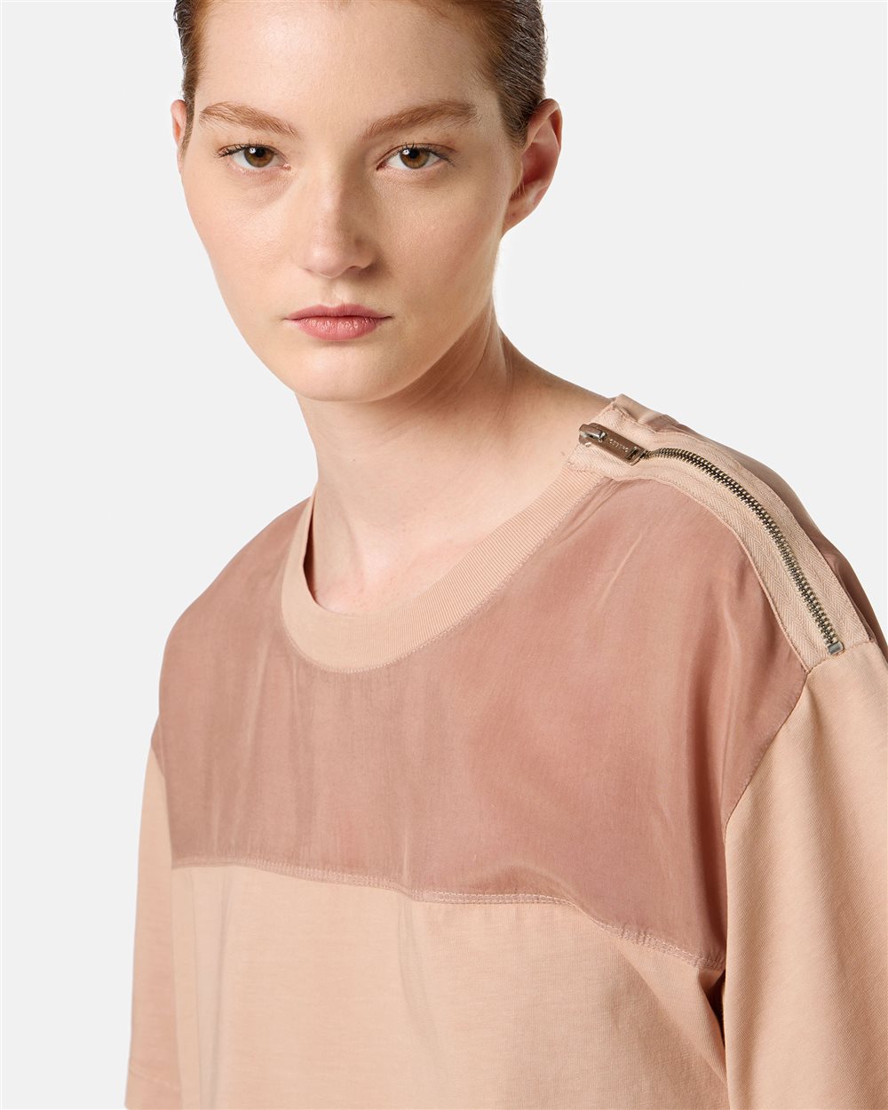 Regular-fit blush cotton jersey T-shirt with cupro fabric inserts - Iceberg - Official Website
