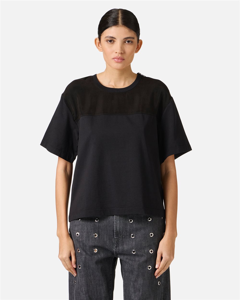 Regular-fit black cotton jersey T-shirt with cupro inserts - Iceberg - Official Website