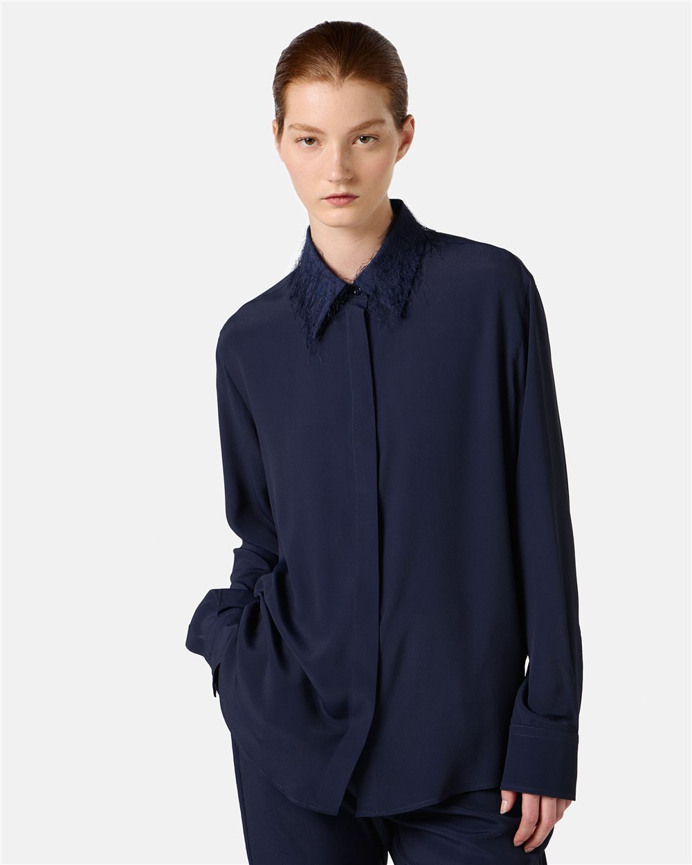 Blue silk blend crepe de chine shirt with elegant detail - Iceberg - Official Website