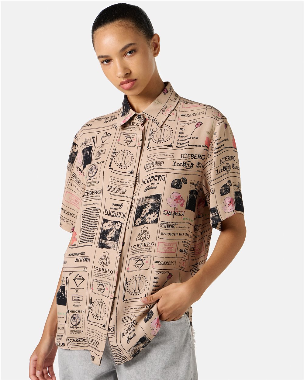 Regular fit short-sleeved shirt in RCS certified double viscose georgette - Iceberg - Official Website