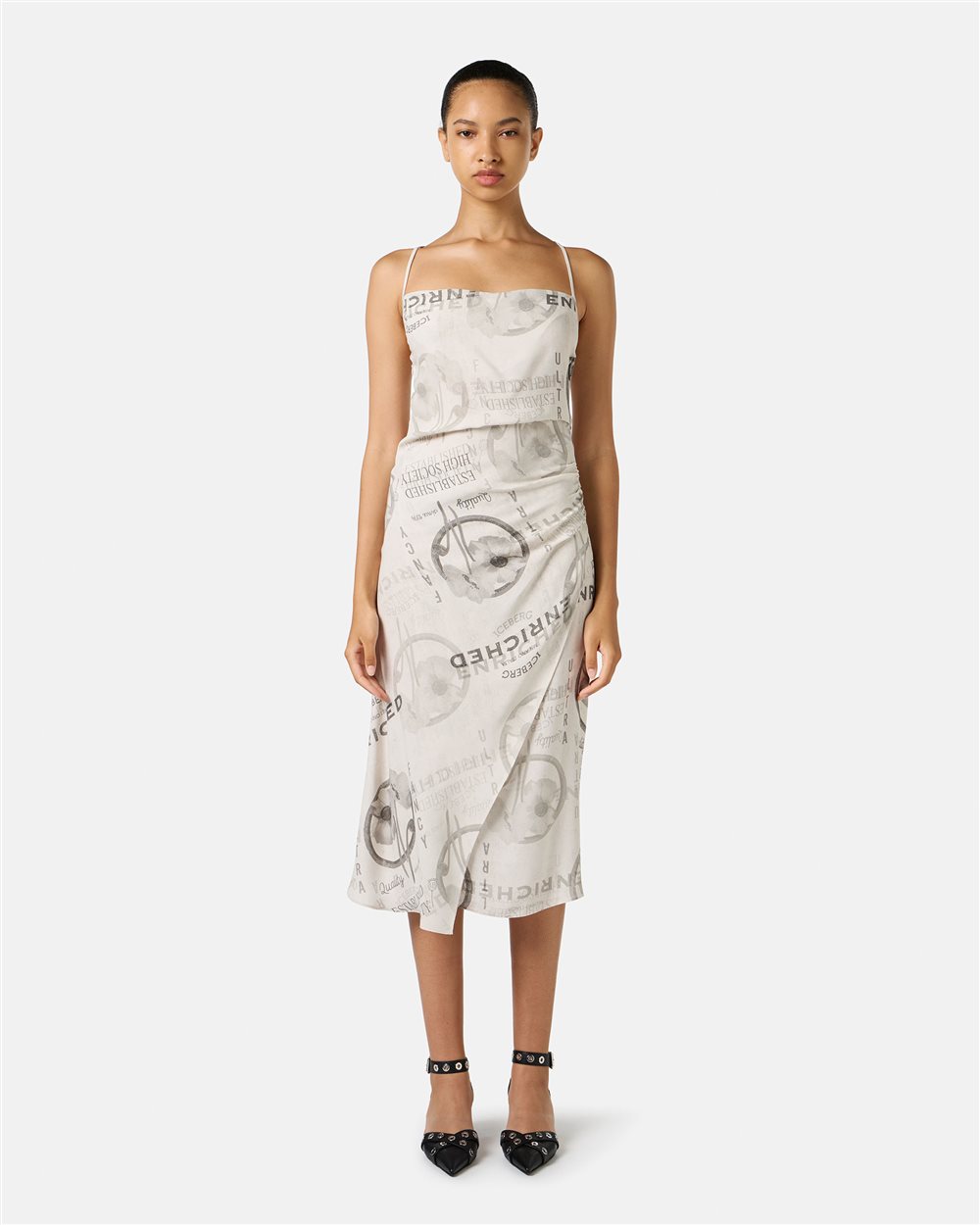 Midi dress with shoulder straps in double viscose georgette in stucco color - Iceberg - Official Website