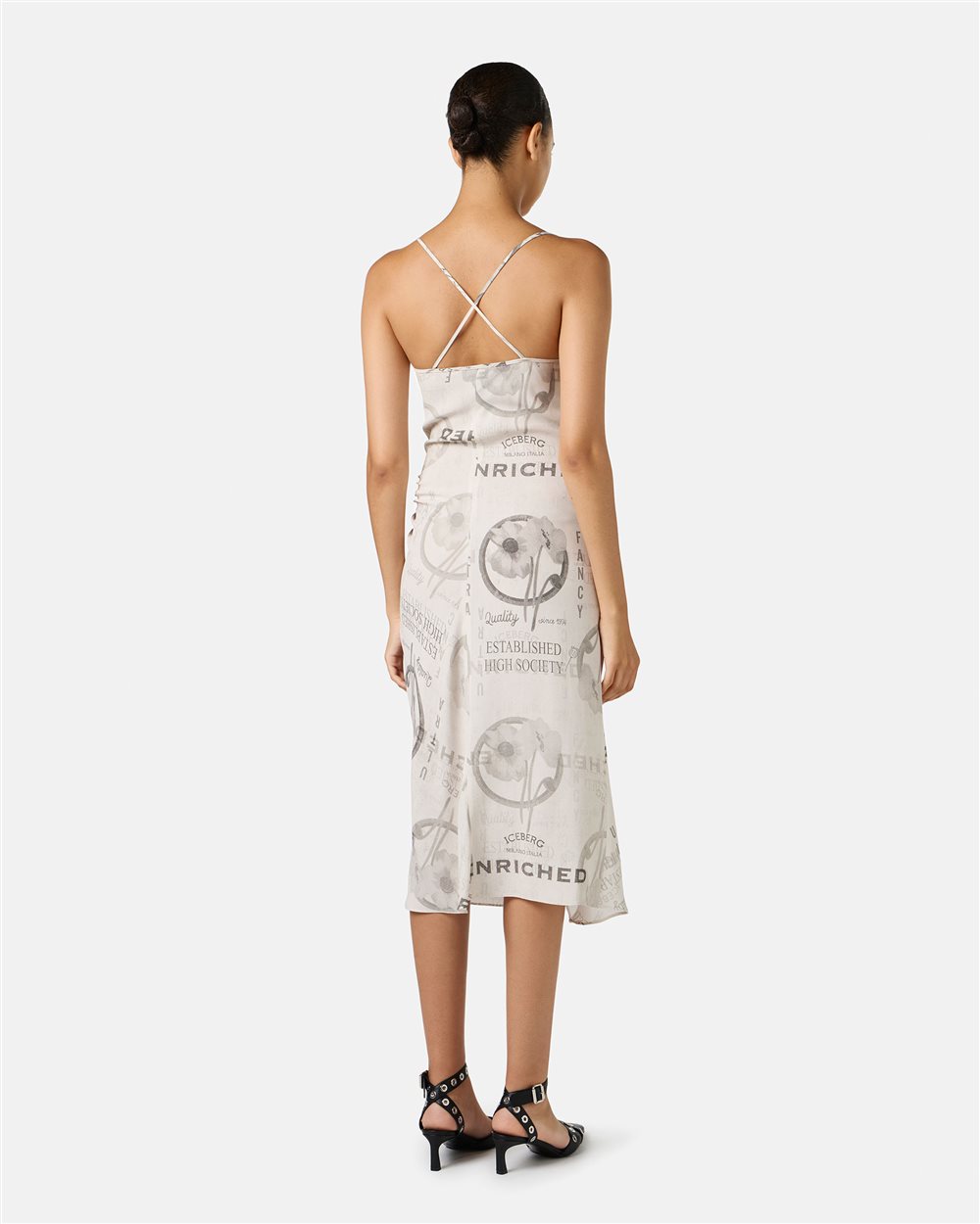 Midi dress with shoulder straps in double viscose georgette in stucco color - Iceberg - Official Website