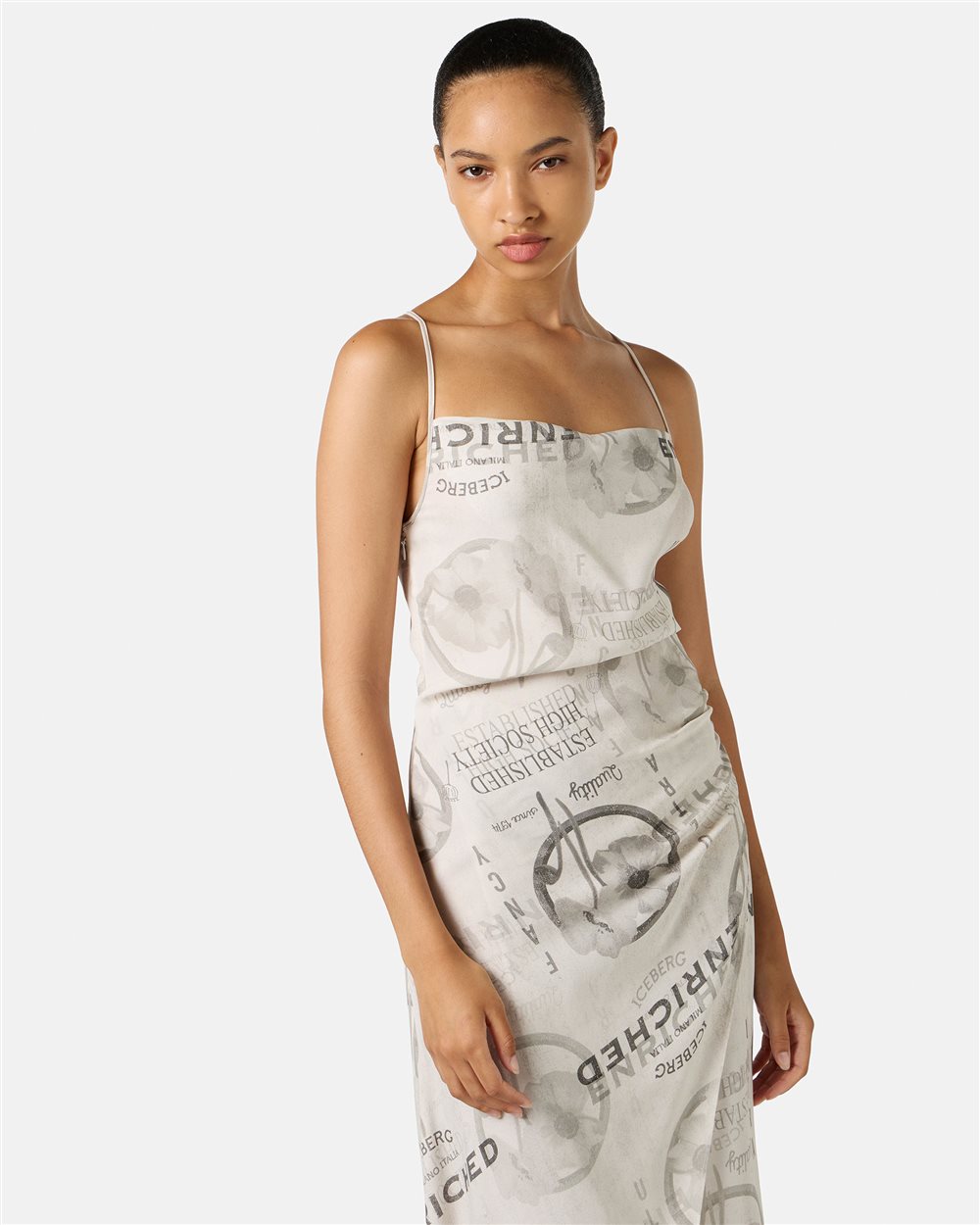 Midi dress with shoulder straps in double viscose georgette in stucco color - Iceberg - Official Website