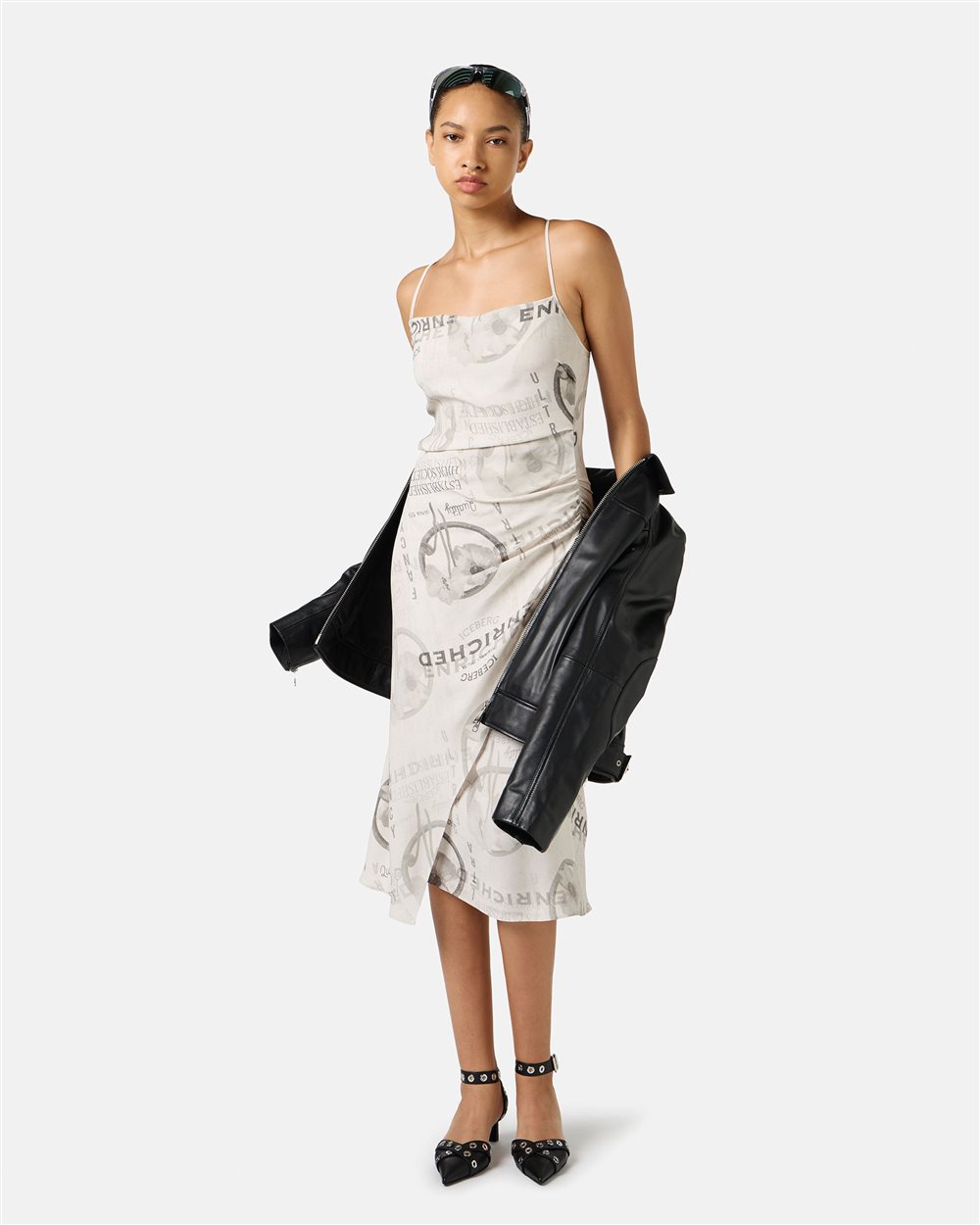 Midi dress with shoulder straps in double viscose georgette in stucco color - Iceberg - Official Website