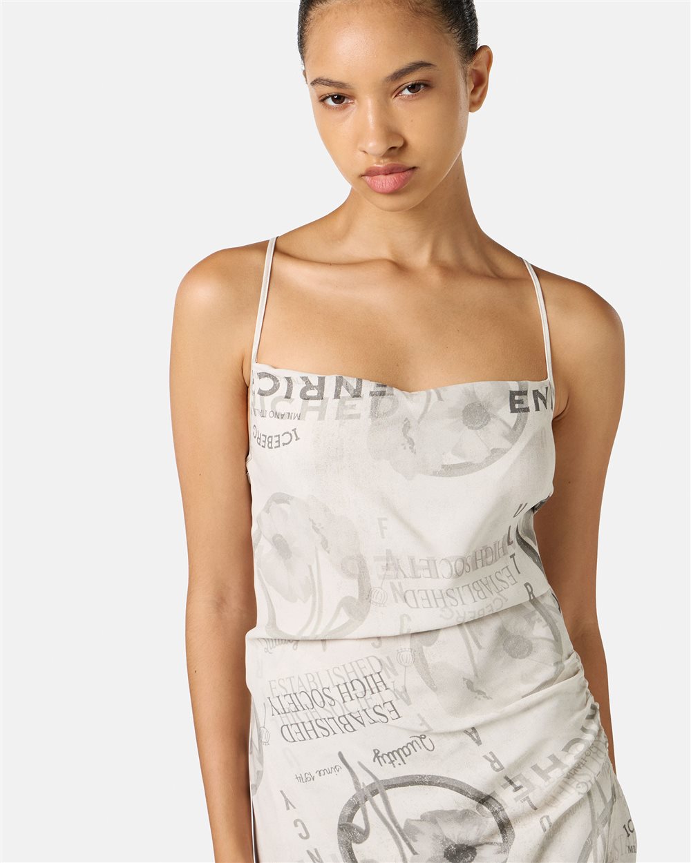 Midi dress with shoulder straps in double viscose georgette in stucco color - Iceberg - Official Website