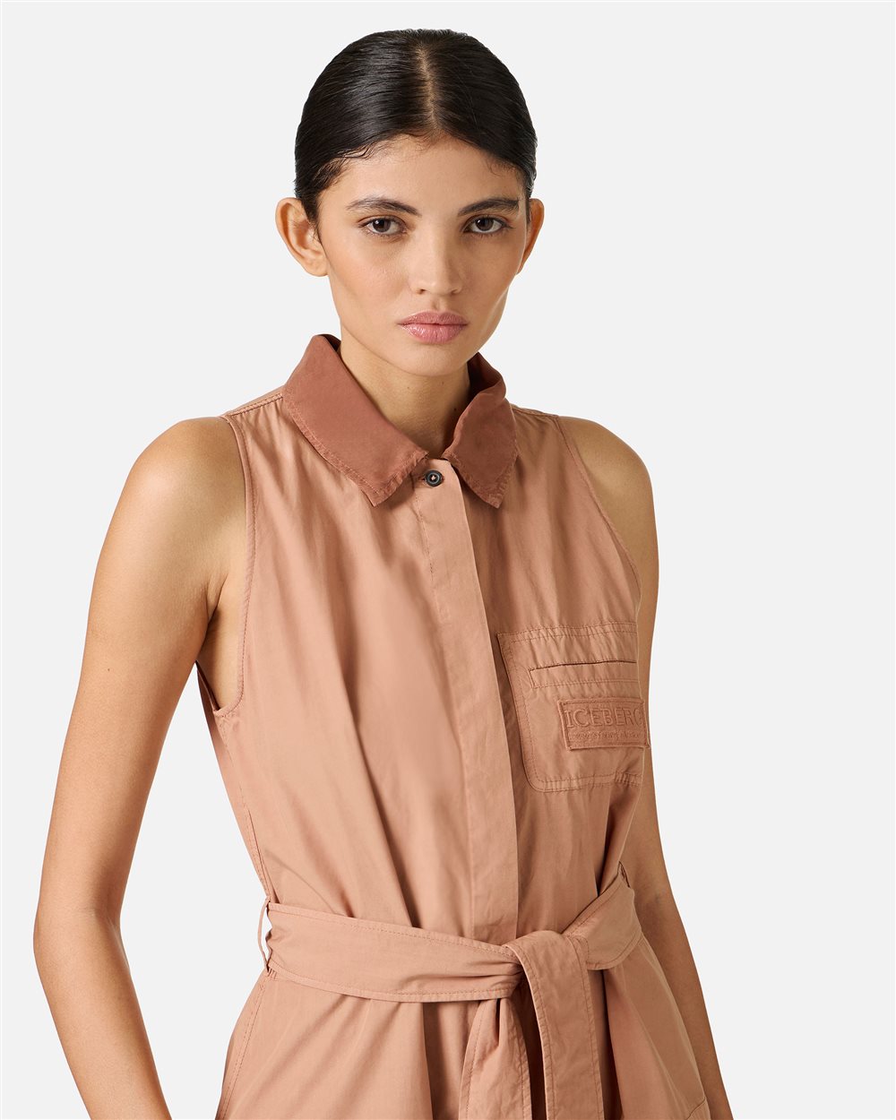 Relaxed fit dress in terracotta with detachable belt in parachute canvas - Iceberg - Official Website