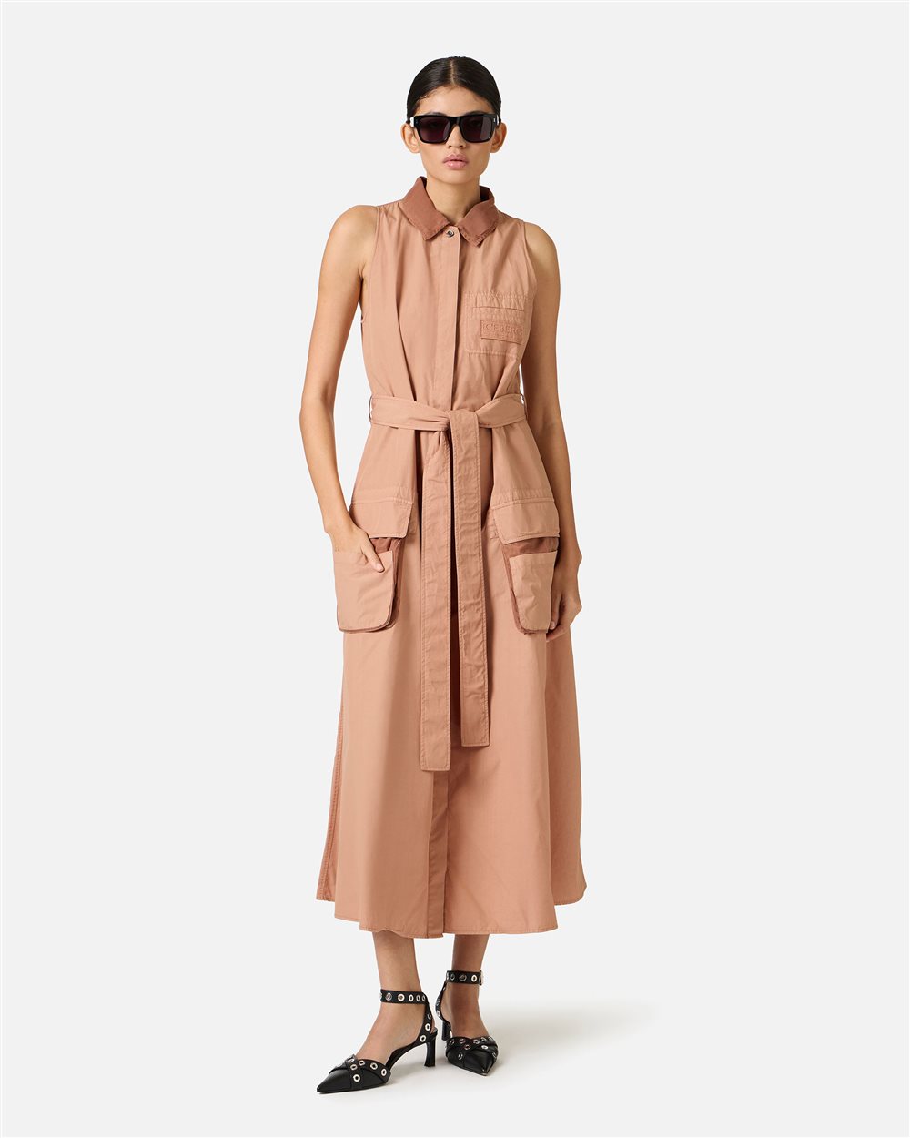 Relaxed fit dress in terracotta with detachable belt in parachute canvas - Iceberg - Official Website