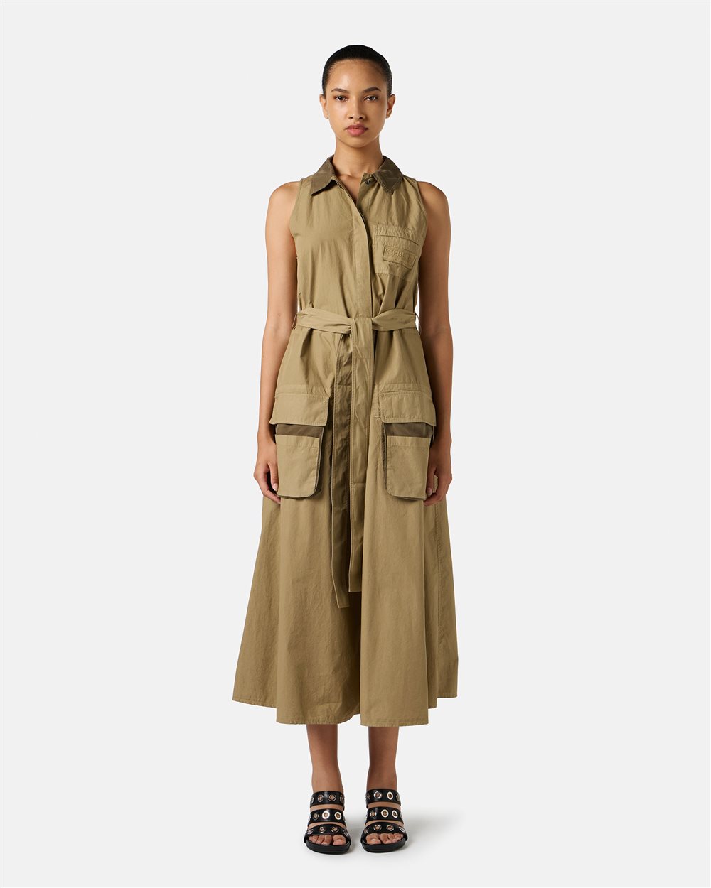 Mud-colored relaxed-fit dress with detachable canvas belt - Iceberg - Official Website
