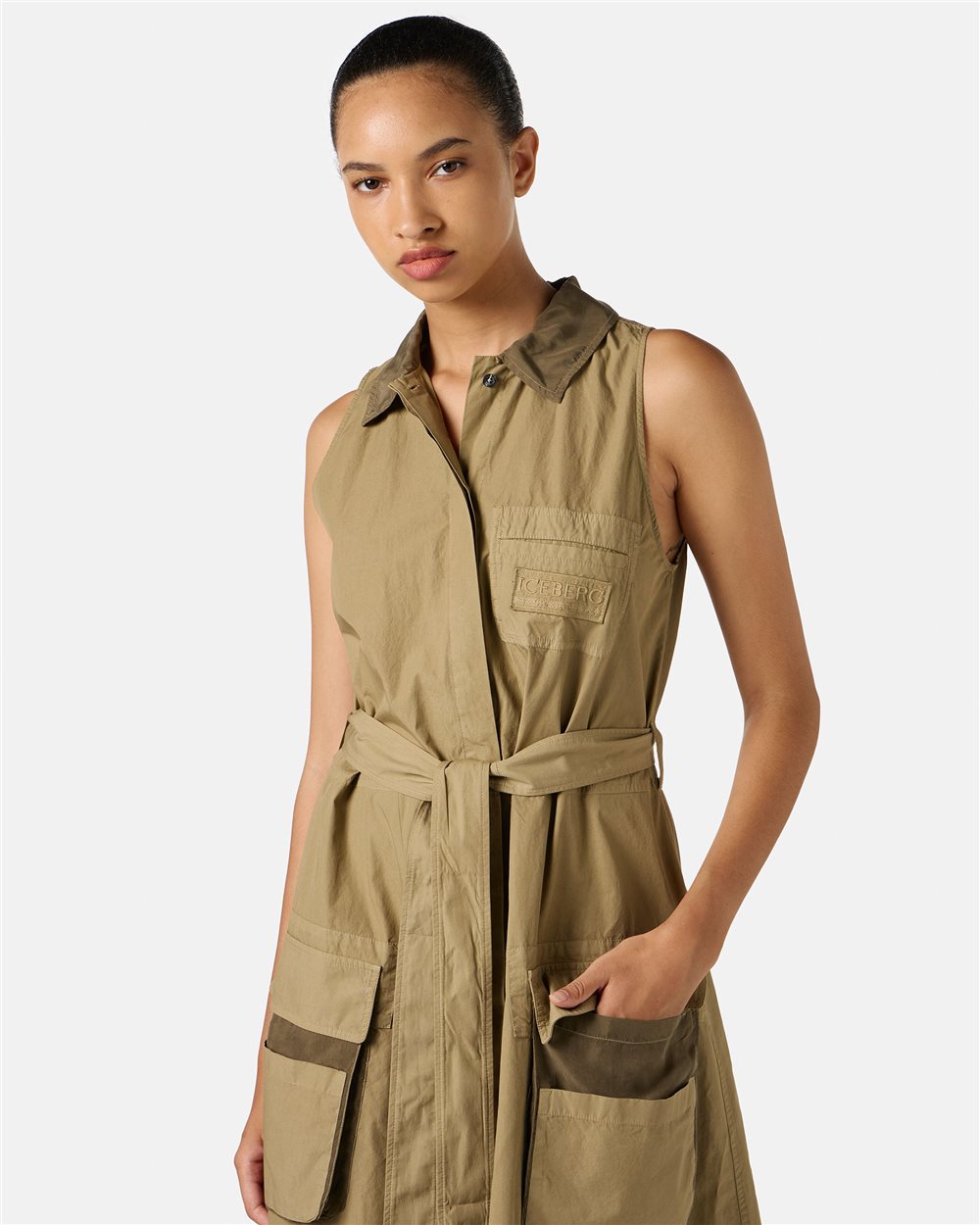 Mud-colored relaxed-fit dress with detachable canvas belt - Iceberg - Official Website