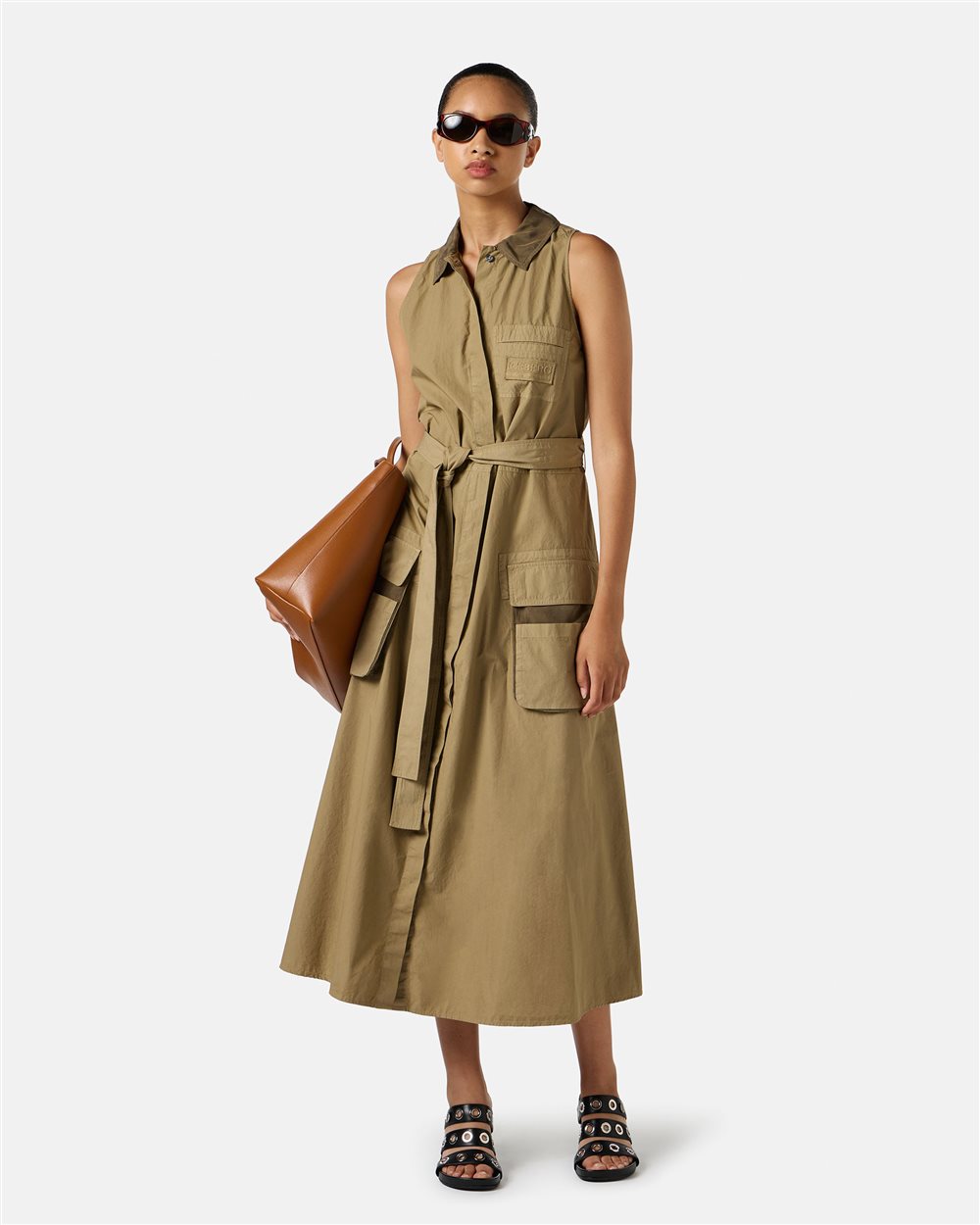 Mud-colored relaxed-fit dress with detachable canvas belt - Iceberg - Official Website