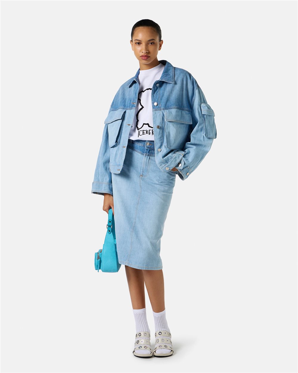Giubbotto new shape color indaco in denim lavato a spezzoni - Iceberg - Official Website