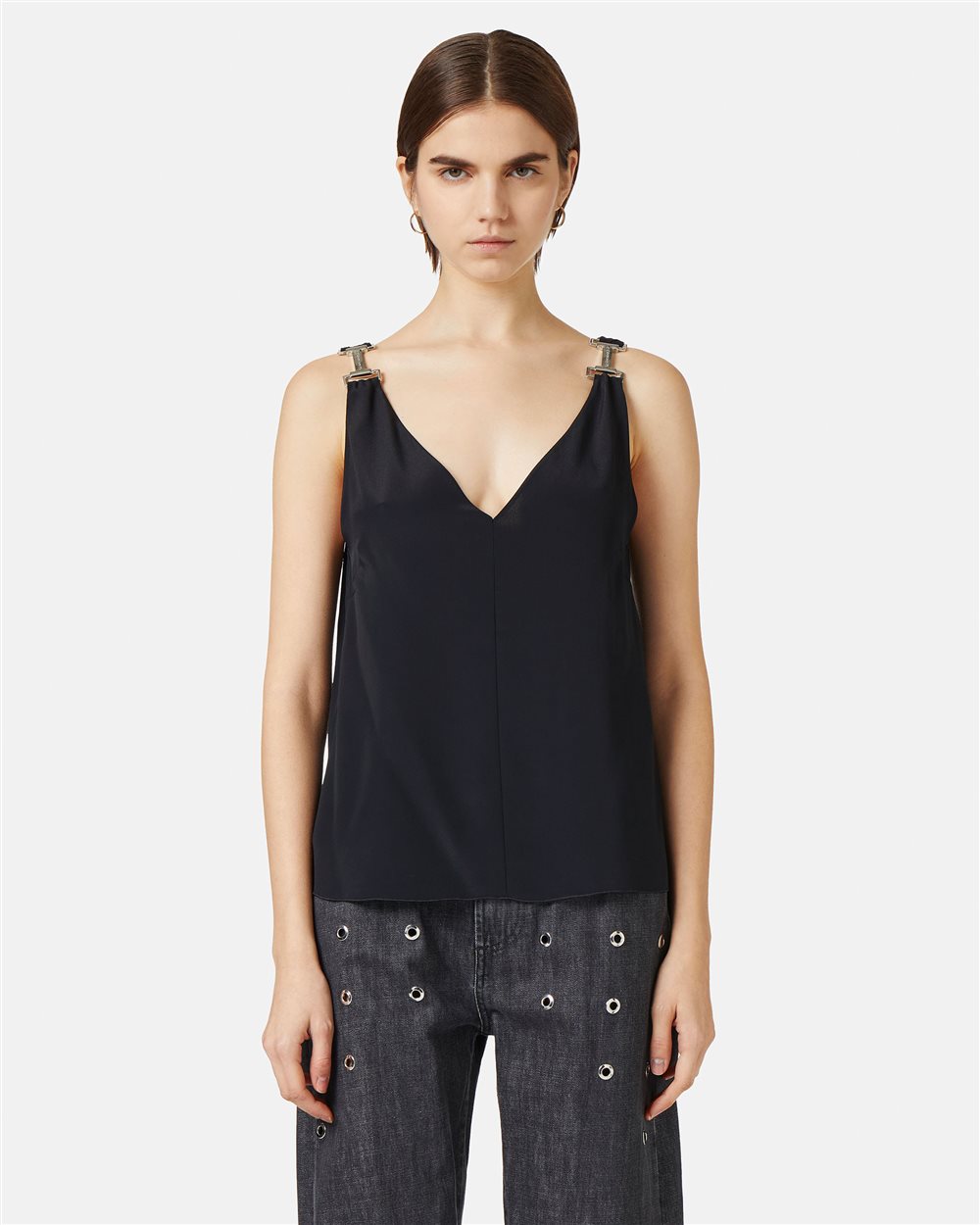 Black crepe de chine top with signature details - Iceberg - Official Website