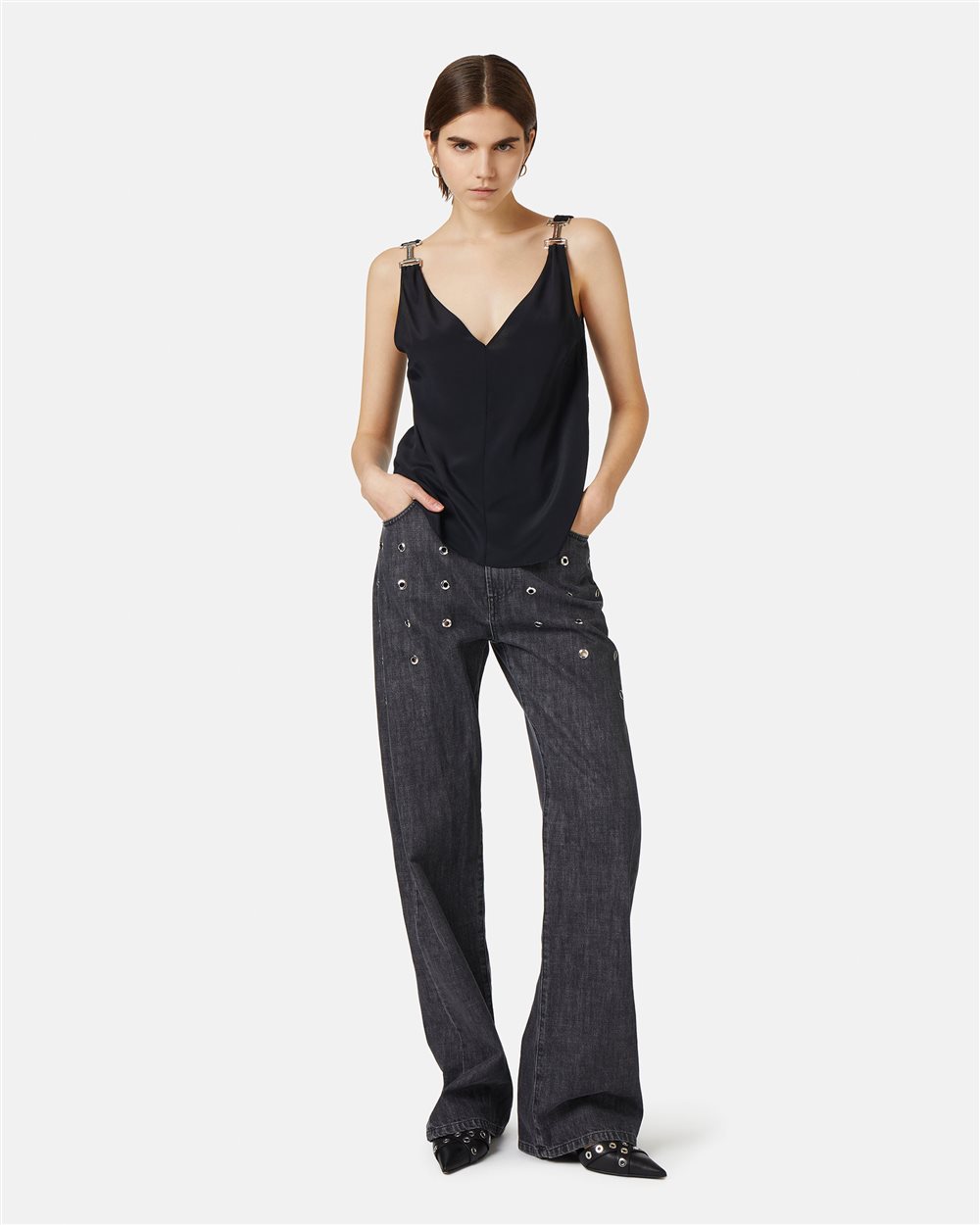 Black crepe de chine top with signature details - Iceberg - Official Website