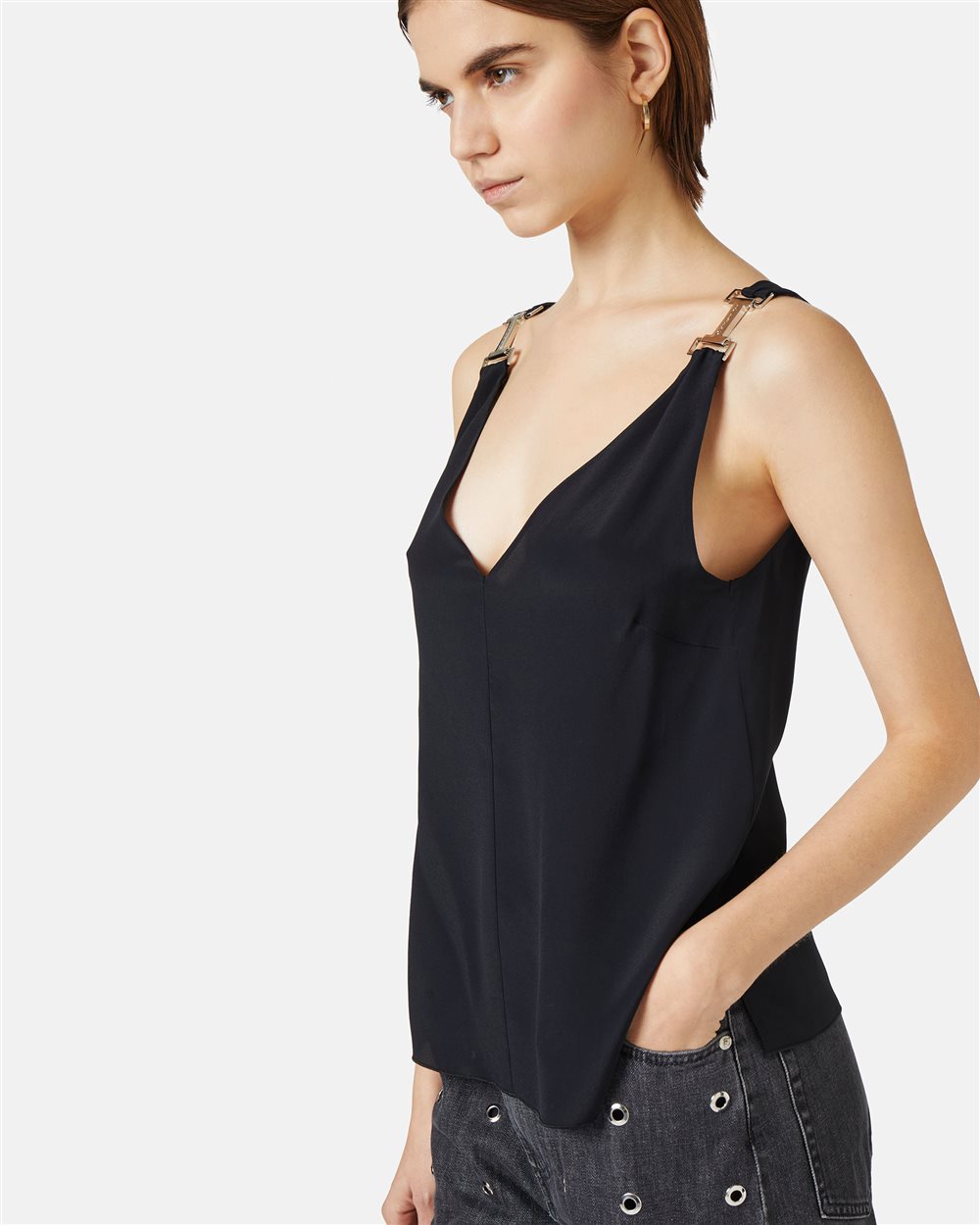 Black crepe de chine top with signature details - Iceberg - Official Website