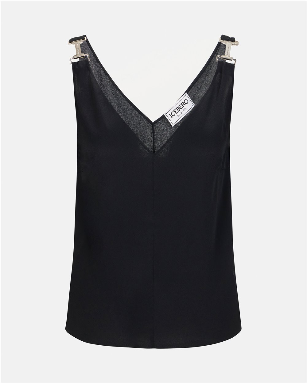Black crepe de chine top with signature details - Iceberg - Official Website
