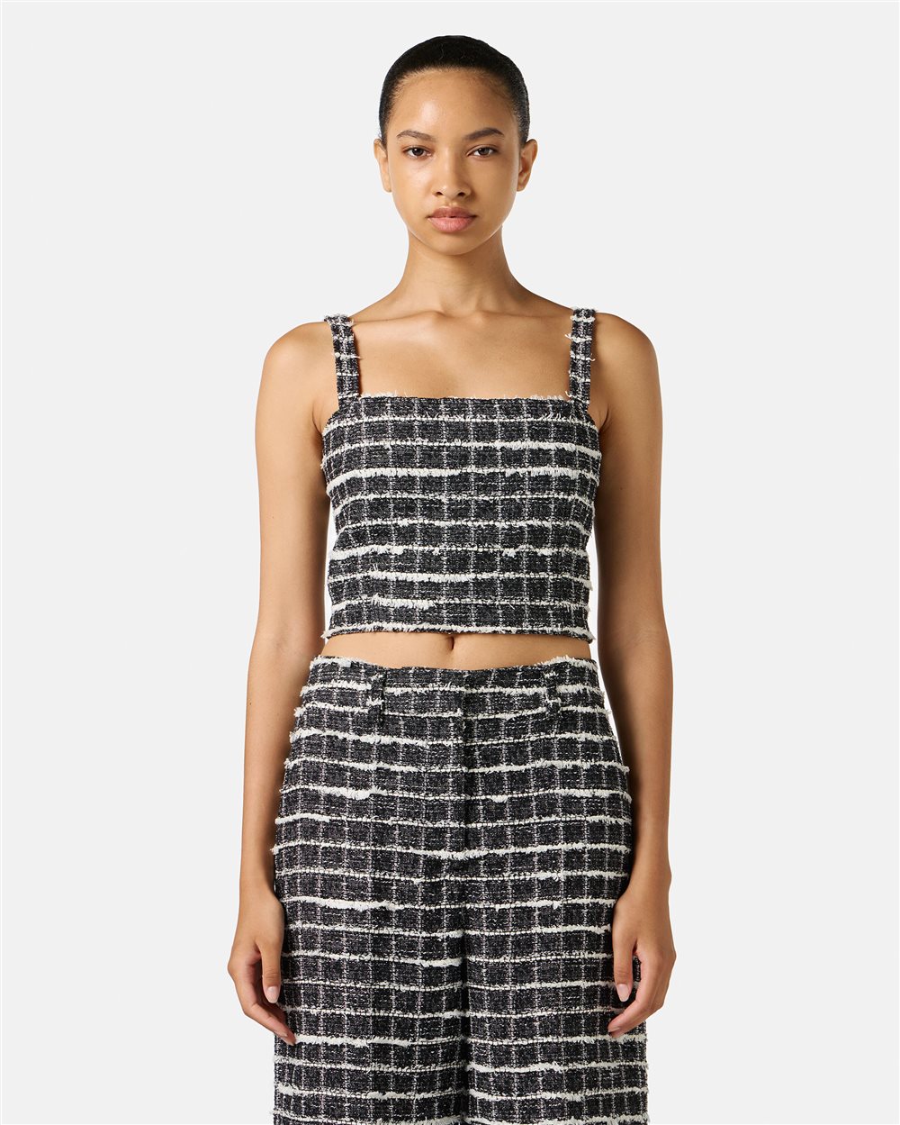 Slim-fit white and black checked top with shoulder straps in Chanel checkered fabric - Iceberg - Official Website