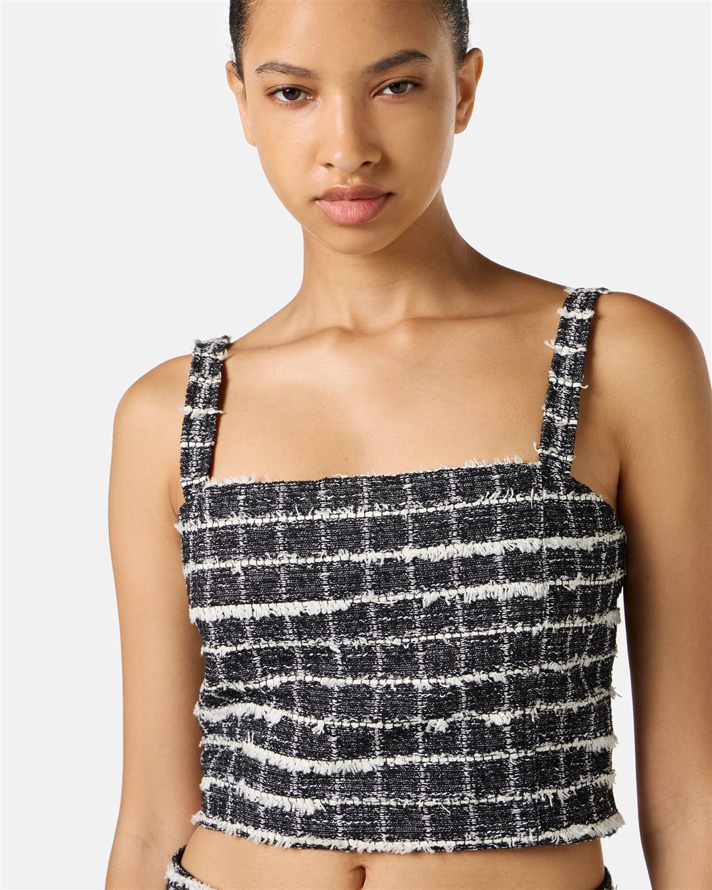Slim-fit white and black checked top with shoulder straps in Chanel checkered fabric - Iceberg - Official Website