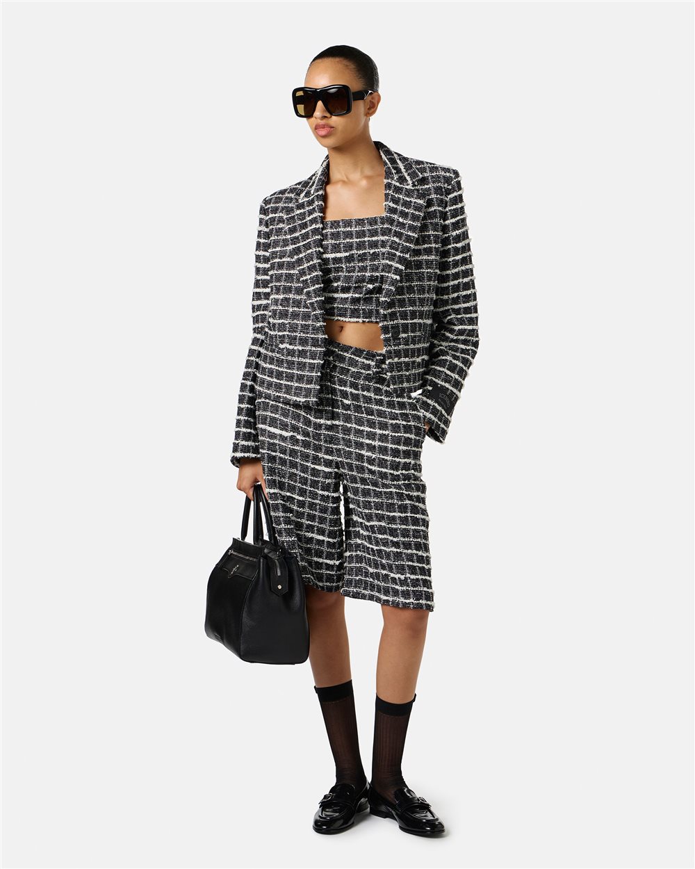 Slim-fit white and black checked top with shoulder straps in Chanel checkered fabric - Iceberg - Official Website