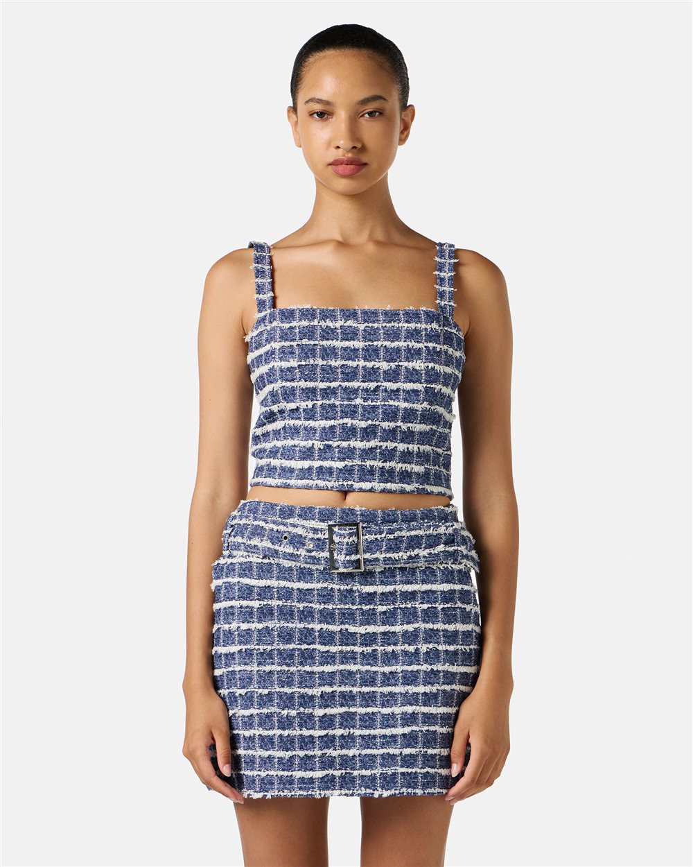 Slim-fit white and blue checked top with shoulder straps in Chanel checkered fabric - Iceberg - Official Website