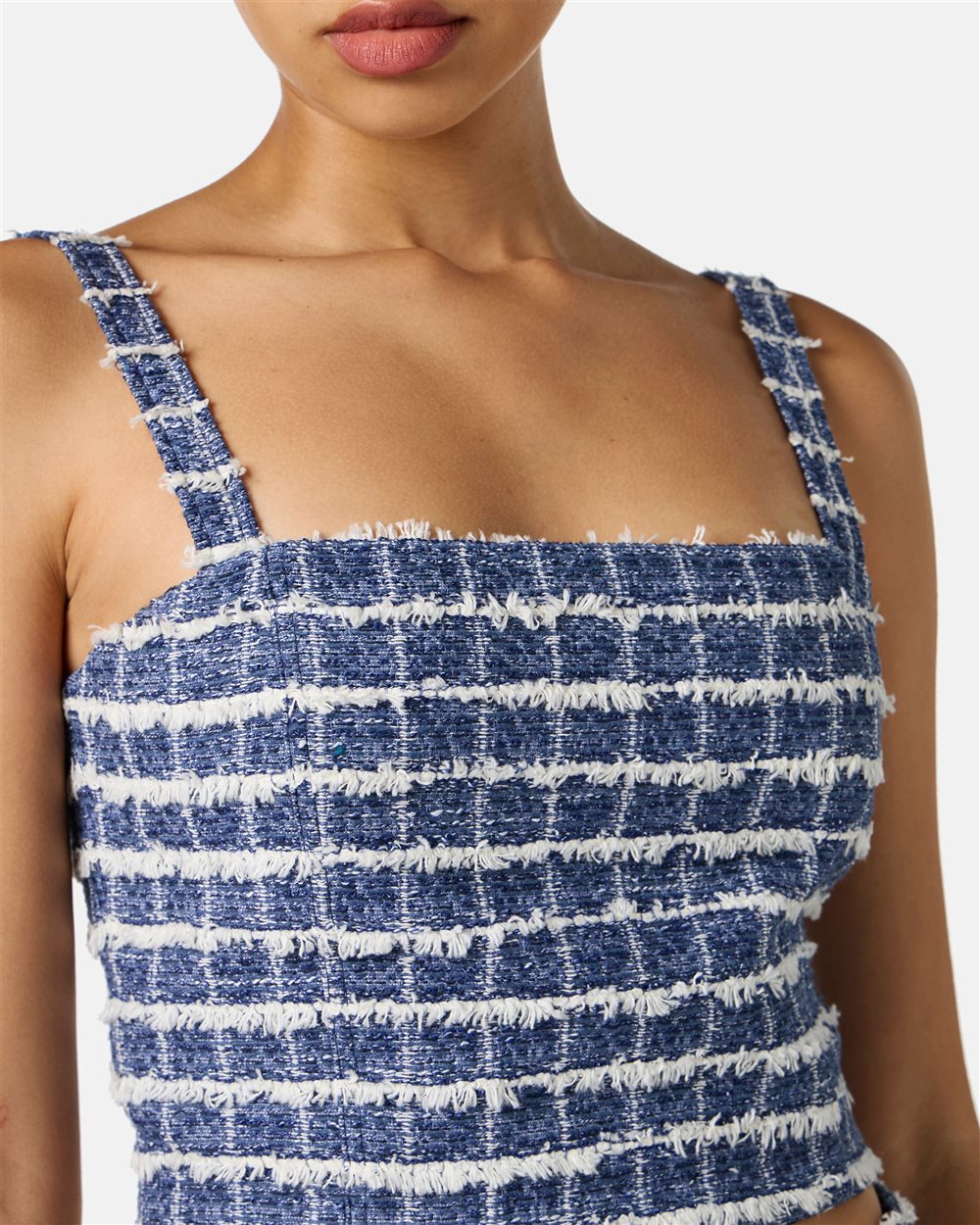 Slim-fit white and blue checked top with shoulder straps in Chanel checkered fabric - Iceberg - Official Website