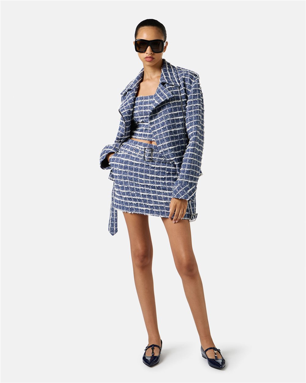 Slim-fit white and blue checked top with shoulder straps in Chanel checkered fabric - Iceberg - Official Website
