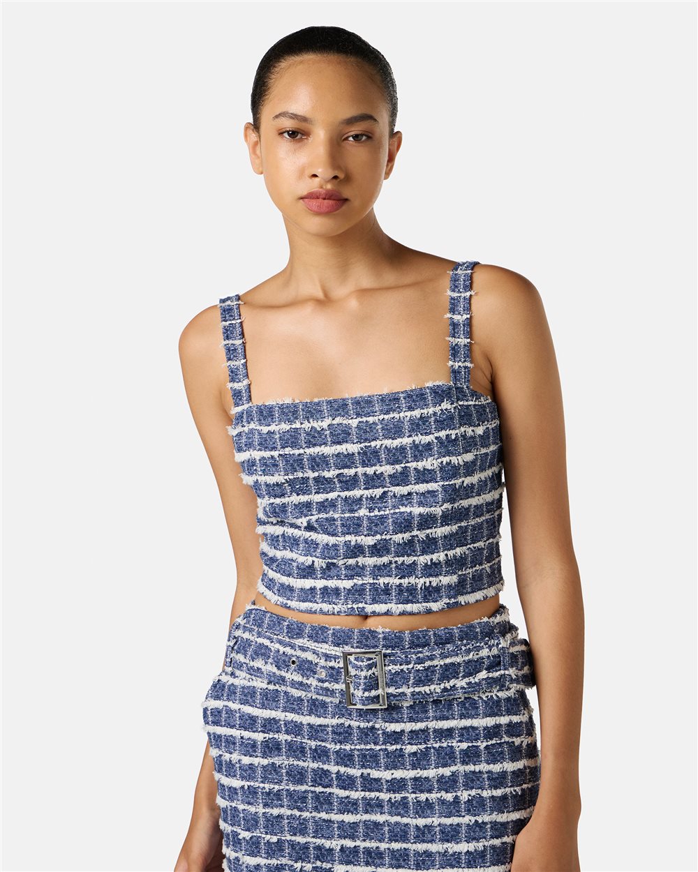 Slim-fit white and blue checked top with shoulder straps in Chanel checkered fabric - Iceberg - Official Website