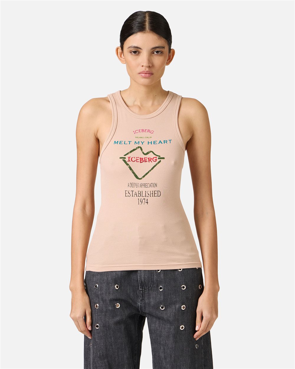 Slim fit blush colored ribbed top with Iceberg Symbol print - Iceberg - Official Website