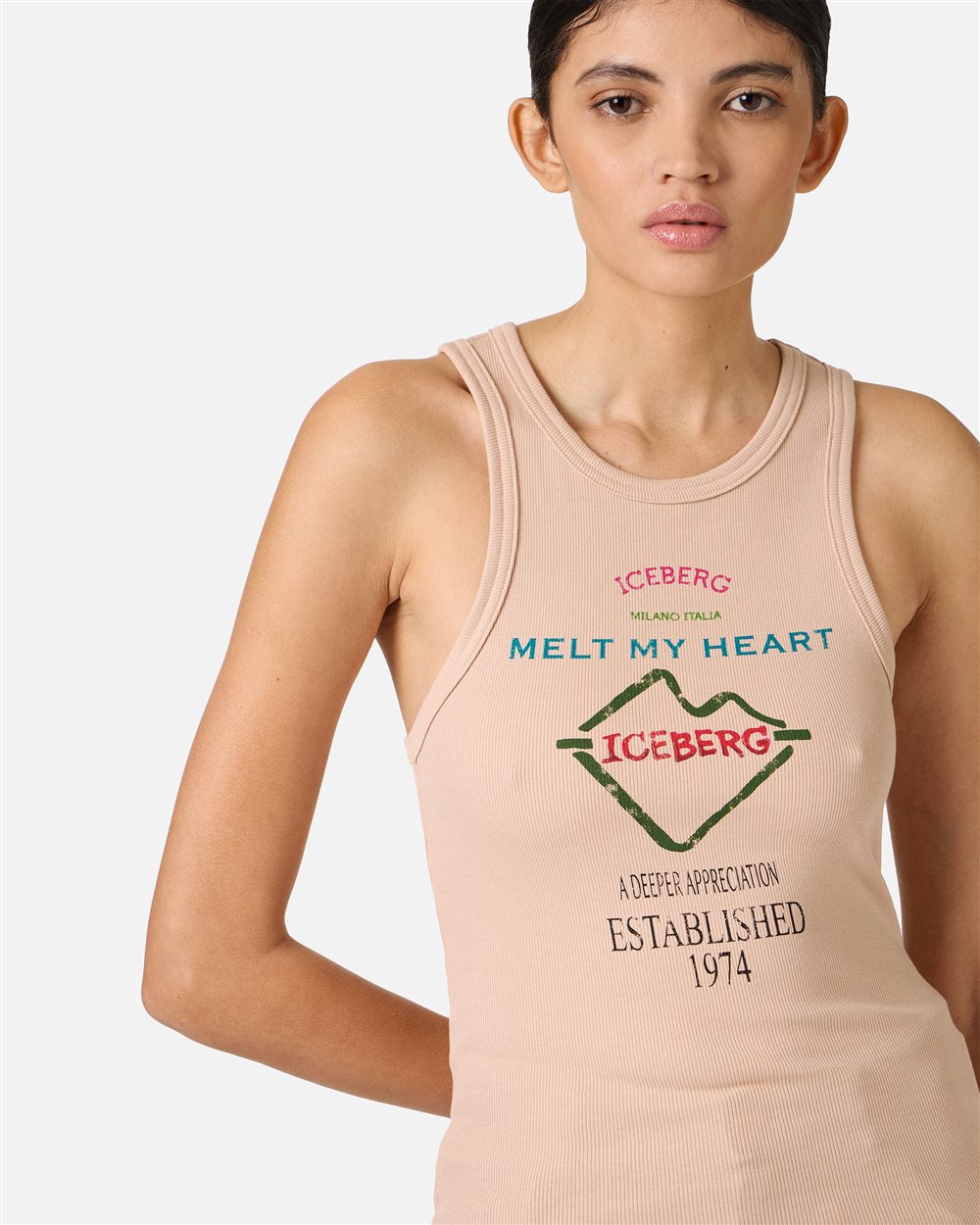 Slim fit blush colored ribbed top with Iceberg Symbol print - Iceberg - Official Website