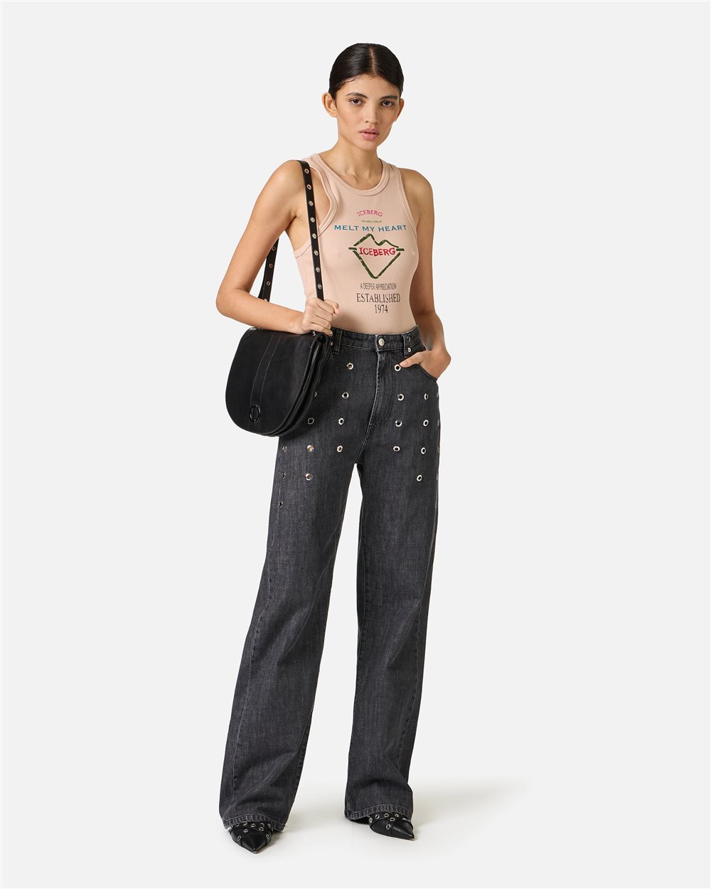 Slim fit blush colored ribbed top with Iceberg Symbol print - Iceberg - Official Website