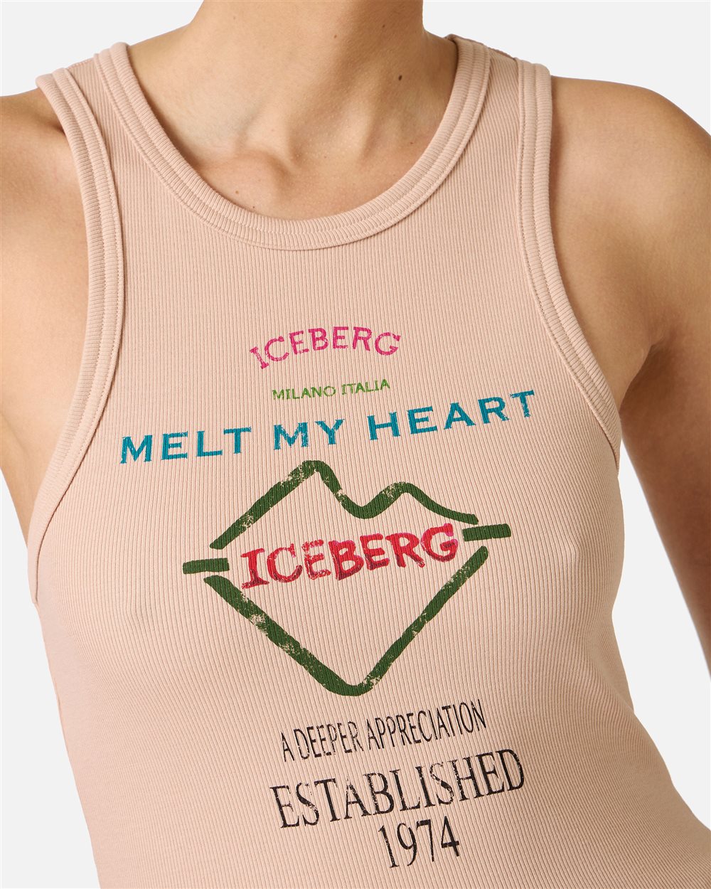 Slim fit blush colored ribbed top with Iceberg Symbol print - Iceberg - Official Website