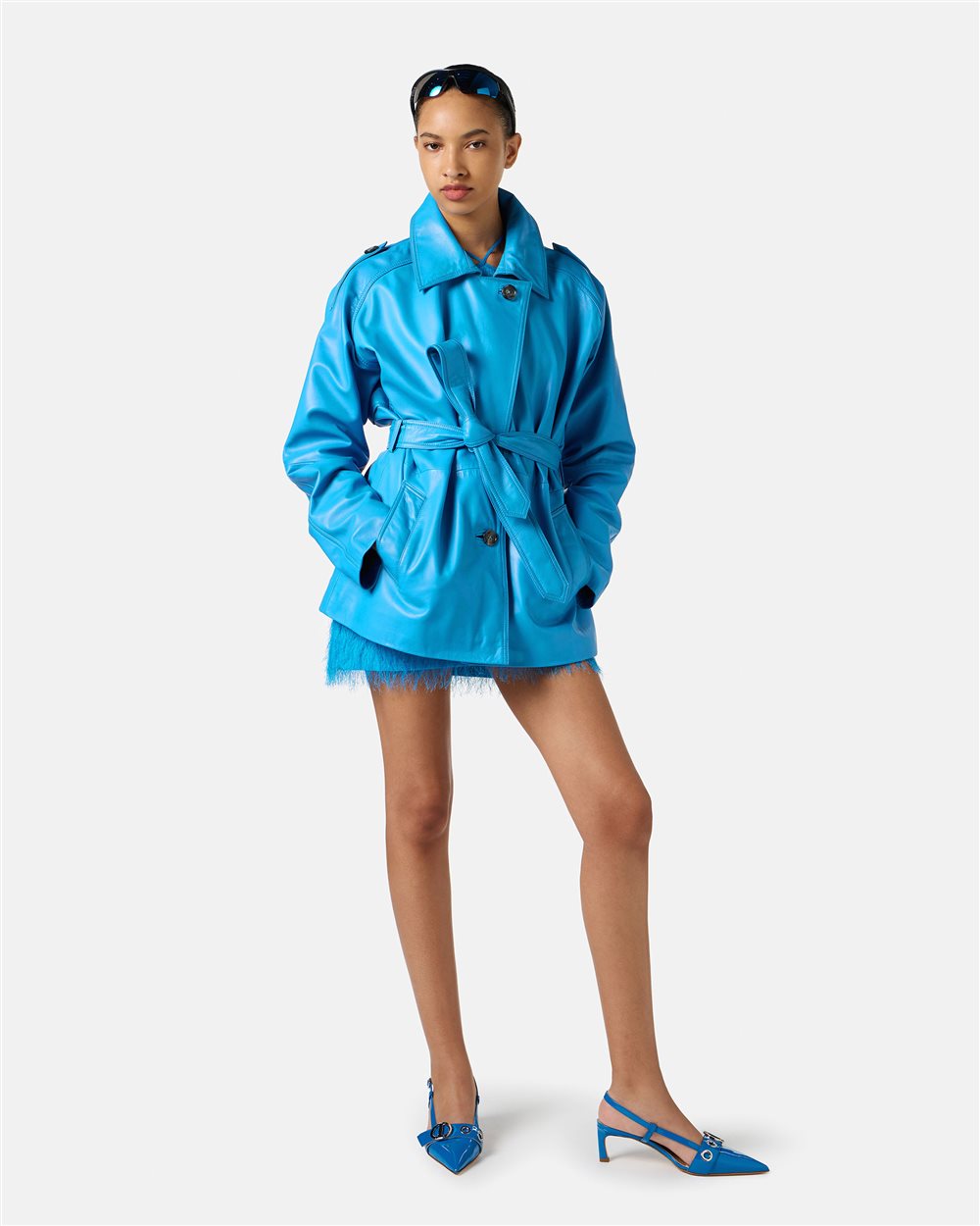 Cappotto corto in pelle color cobalto con logo Iceberg Milano Italia - Iceberg - Official Website