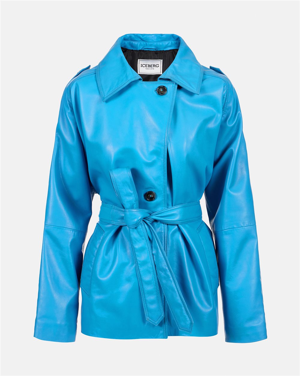 Cappotto corto in pelle color cobalto con logo Iceberg Milano Italia - Iceberg - Official Website