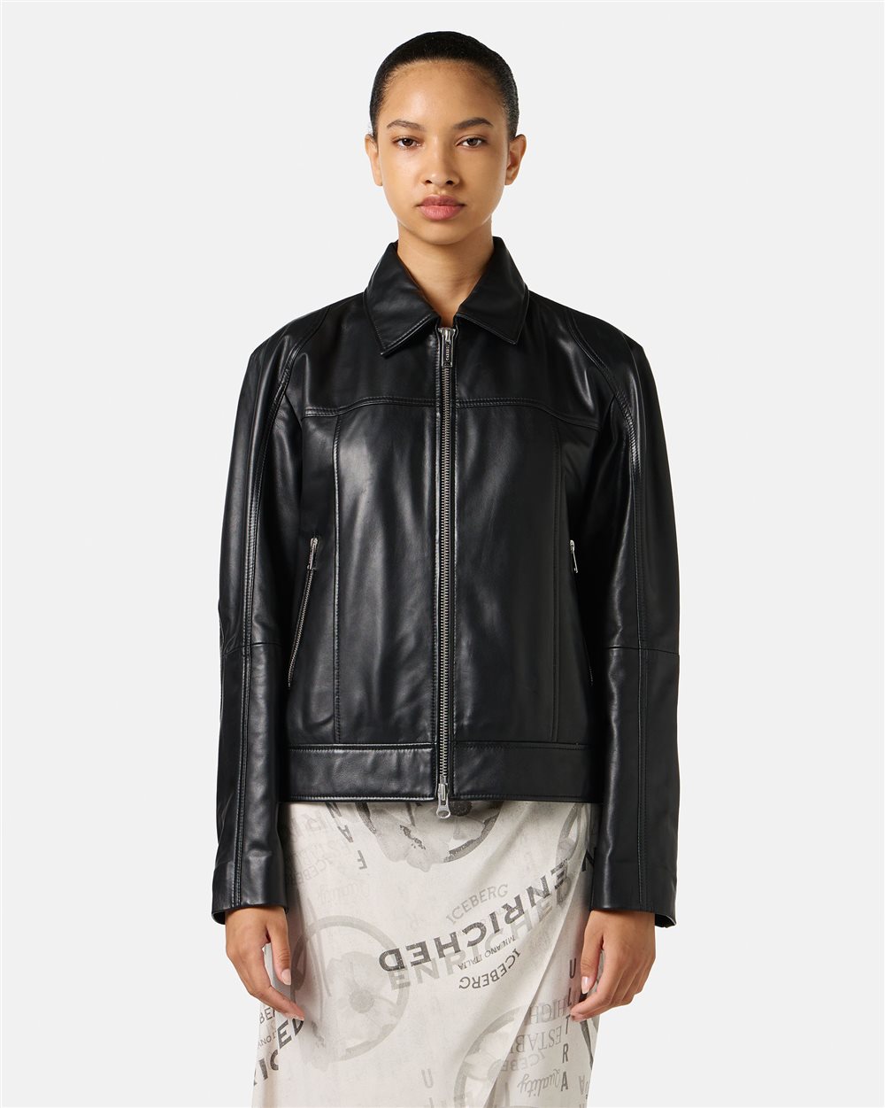 Black leather jacket with biker details Iceberg Milano Italia logo - Iceberg - Official Website