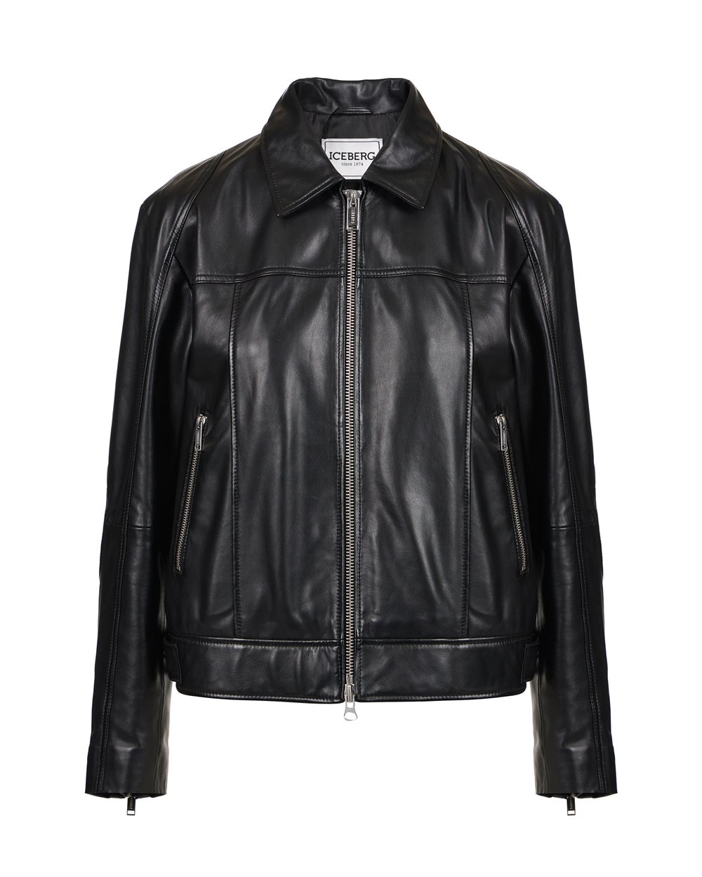 Black leather jacket with biker details Iceberg Milano Italia logo - Iceberg - Official Website