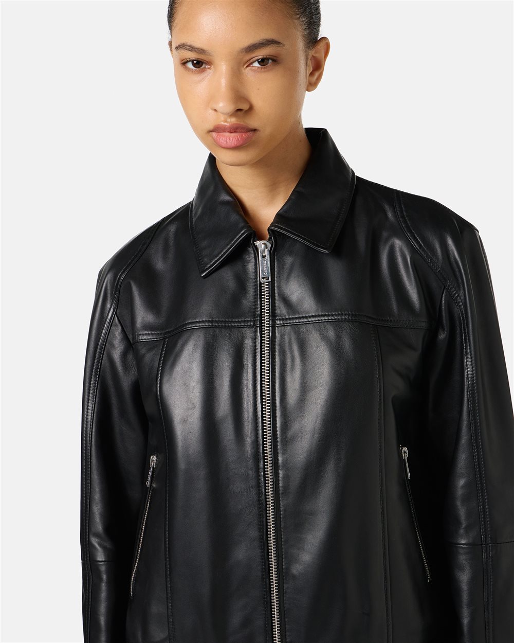 Black leather jacket with biker details Iceberg Milano Italia logo - Iceberg - Official Website